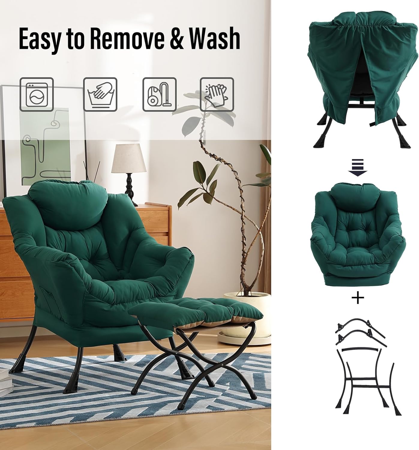 Modern Lazy Chair with Folding Footrest, Lounge Accent Reading Chair (Dark Green)