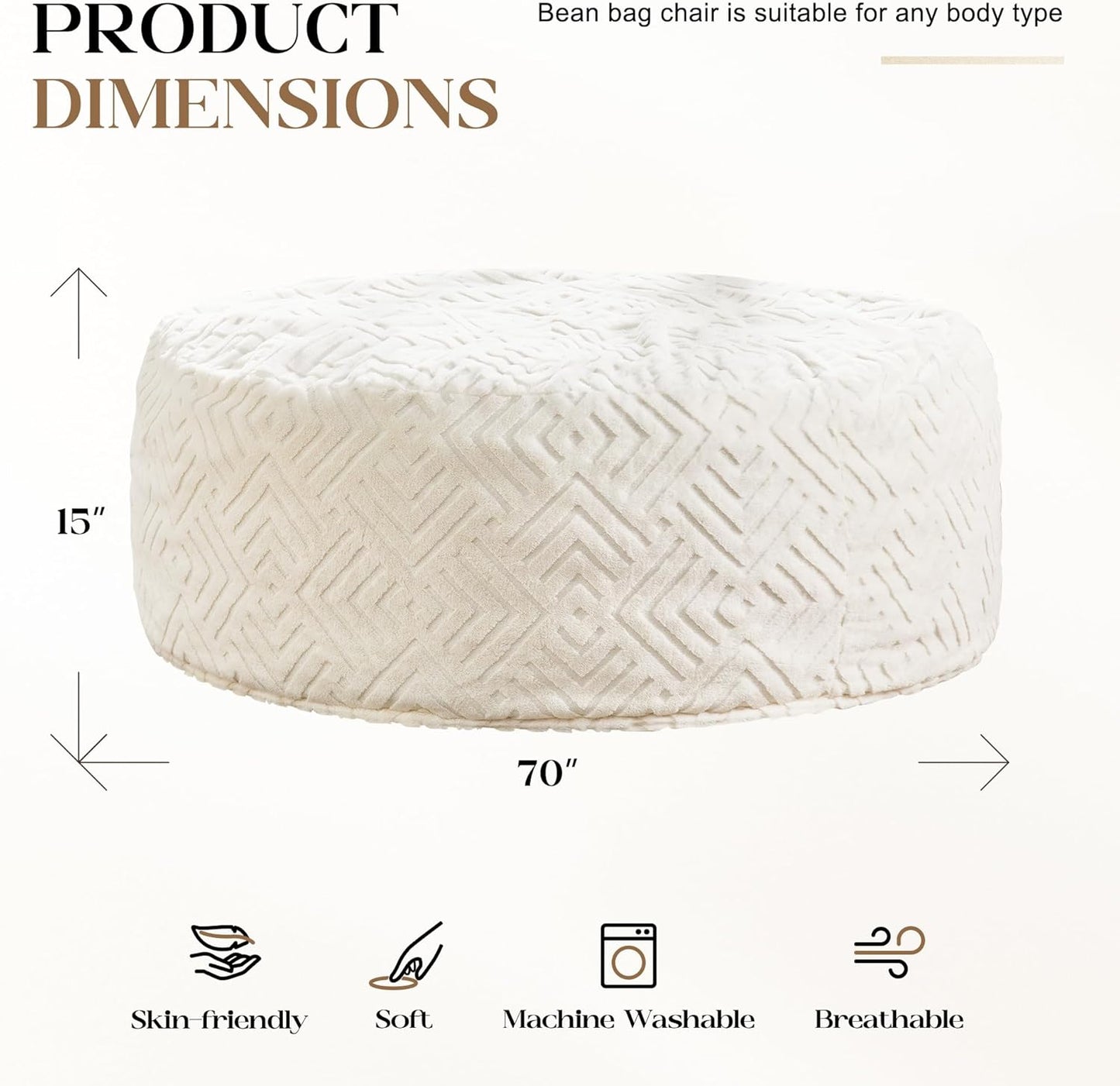 Hobestluk Bean Bag Chairs Adults Beanbag Chair with Filler Large Bean Bags with Fluffy Embossed Cover, Giant Bean Bag Chairs for Adults (White, 6FT - 70" x 70" x 15")