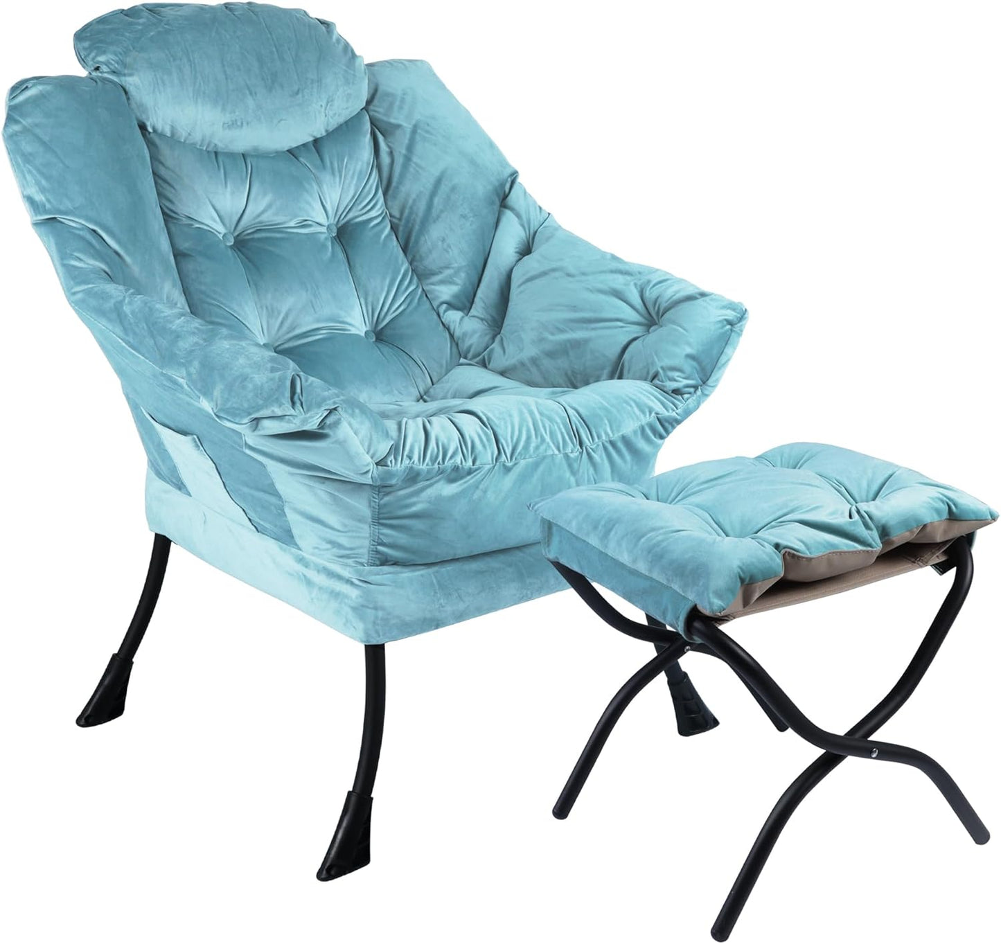 Lazy Chair with Folding Ottoman,Living Room Chairs, Accent Contemporary Lounge Chair, Single Steel Frame Leisure Sofa Chair with Armrests and A Side Pocket (DL58BLUE)