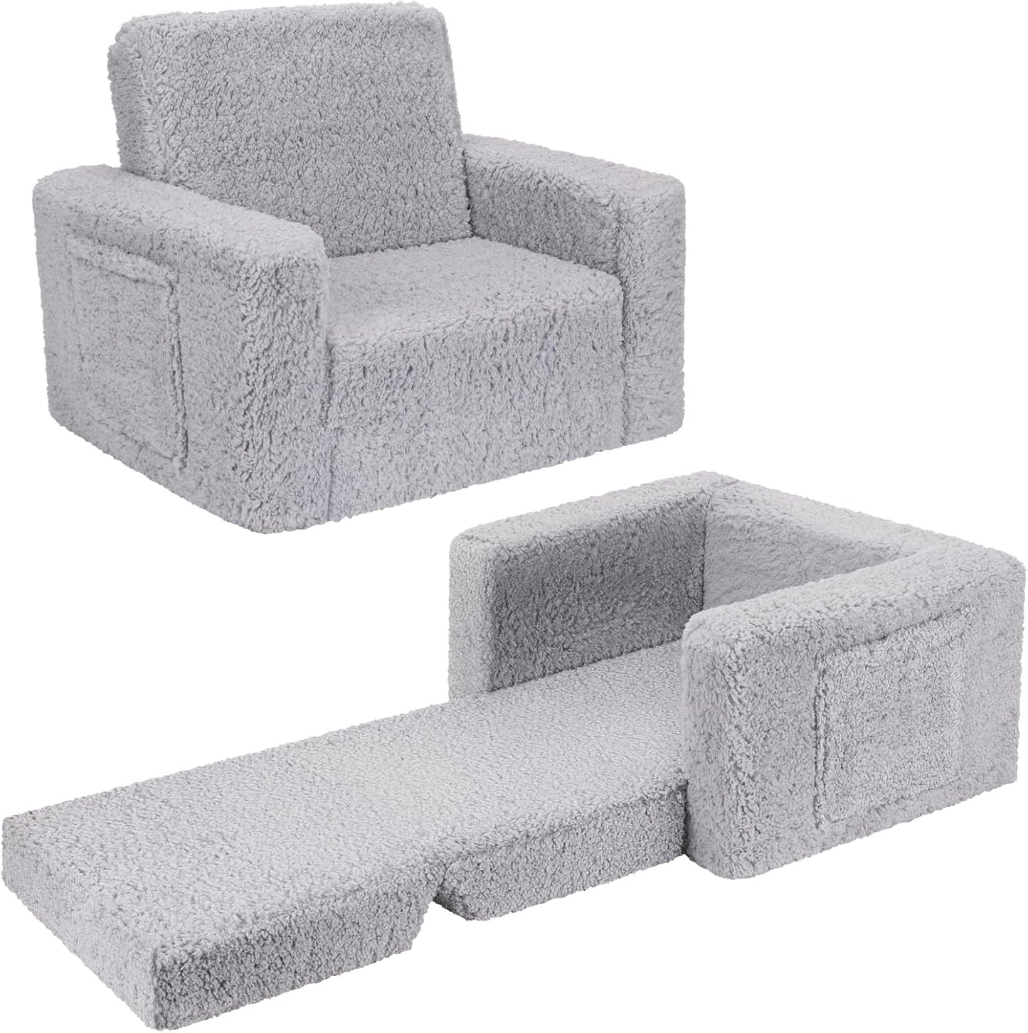 SLIGUY Toddler Couch & Chair - Convertible Sofa to Lounger, Pull Out Couch with Sherpa Cover in Dark Grey