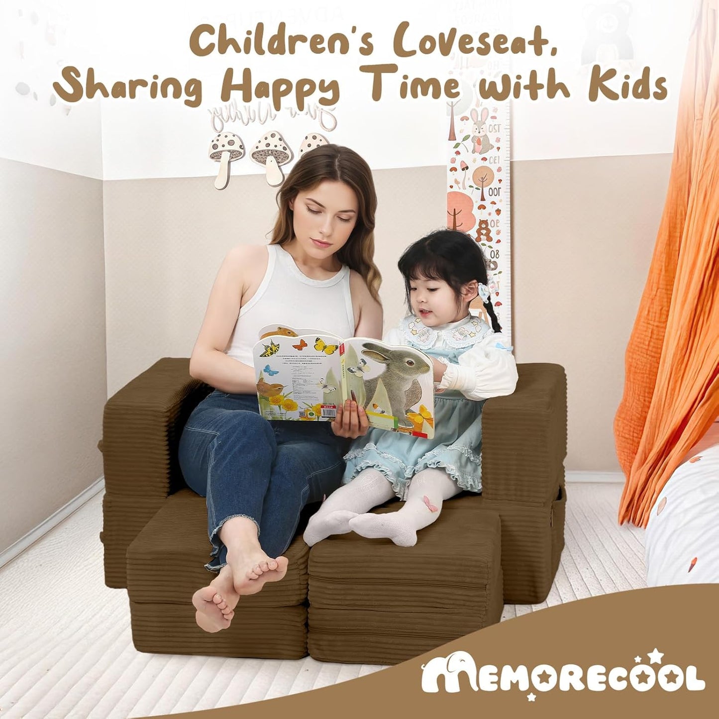 MeMoreCool Modular Kids Couch, Corduroy Play Toddler Couch for Bedroom Playroom Furniture, Convertible Foam Kids Sofa Bed, Fold Out Baby Sofa for Girl Boy, Brown