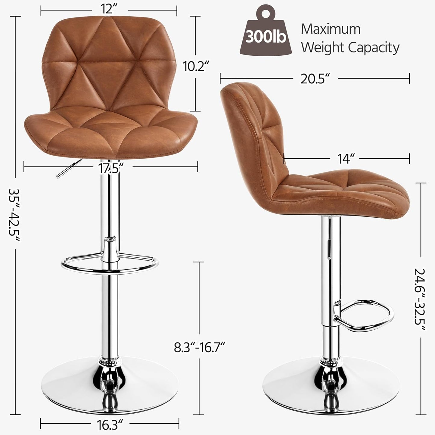 Yaheetech Bar Stools Set of 4, Adjustable PU Leather Swivel Barstools, Modern Counter Stools with Back and Footrest, Counter Height Barstools for Bar, Kitchen, Dining Room, Retro Brown