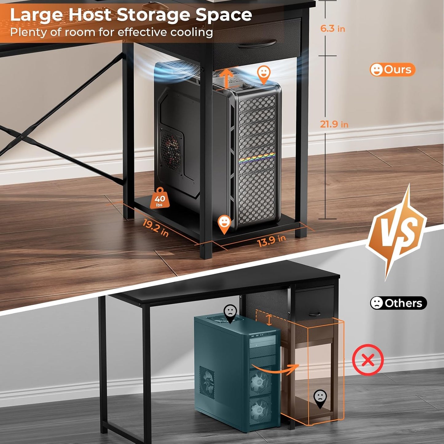 Computer Desk with Adjustable Monitor Stand, 47.2 in Small Desk with Reversible Storage Shelves, Office Desk with Spacious Desktop Spaces for Home Bedroom Workstation, Black