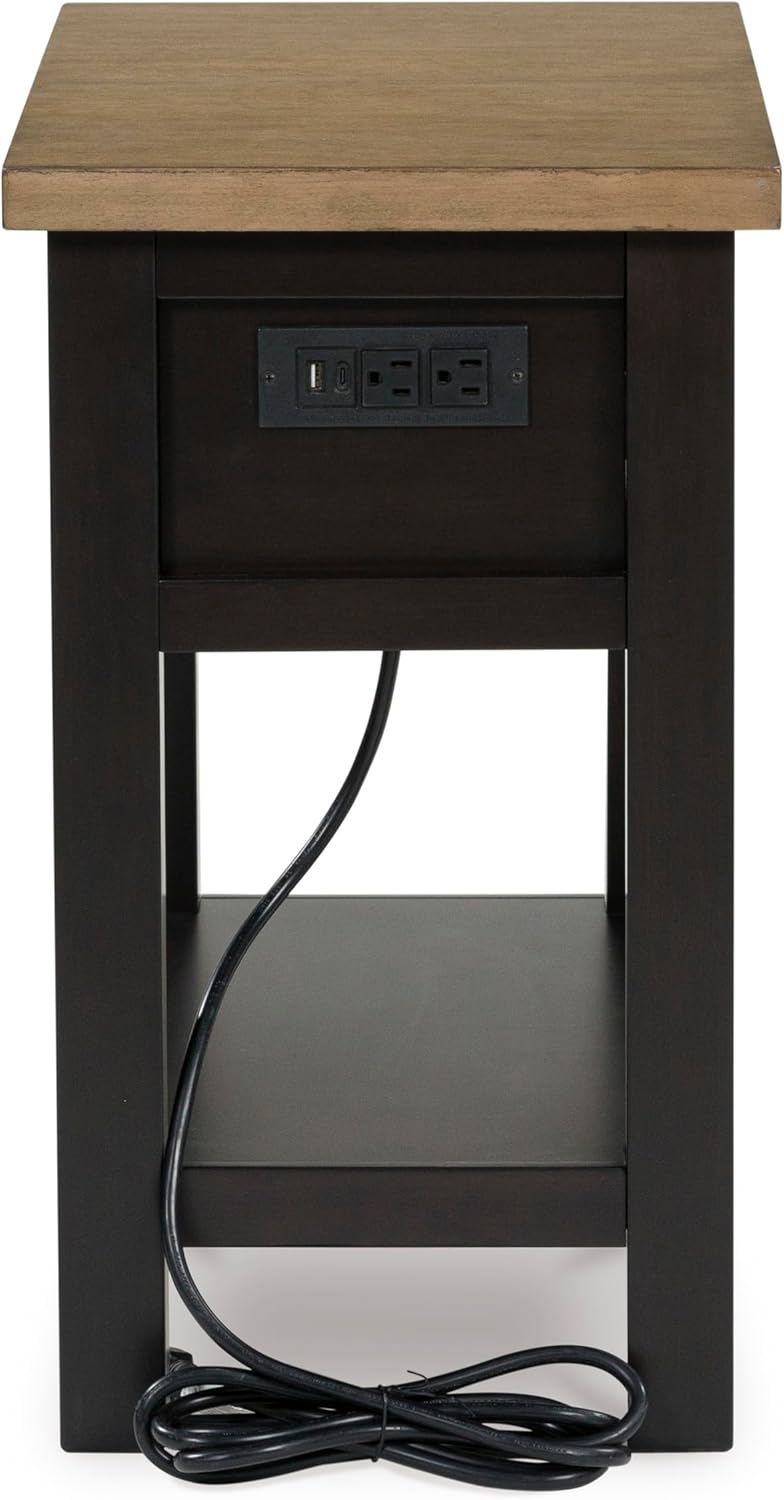 Signature Design by Ashley Drazmine Casual 1 Drawer Chair Side End Table with USB Charging Ports, 1 Lower Shelf and Power Cord, Light Brown & Black