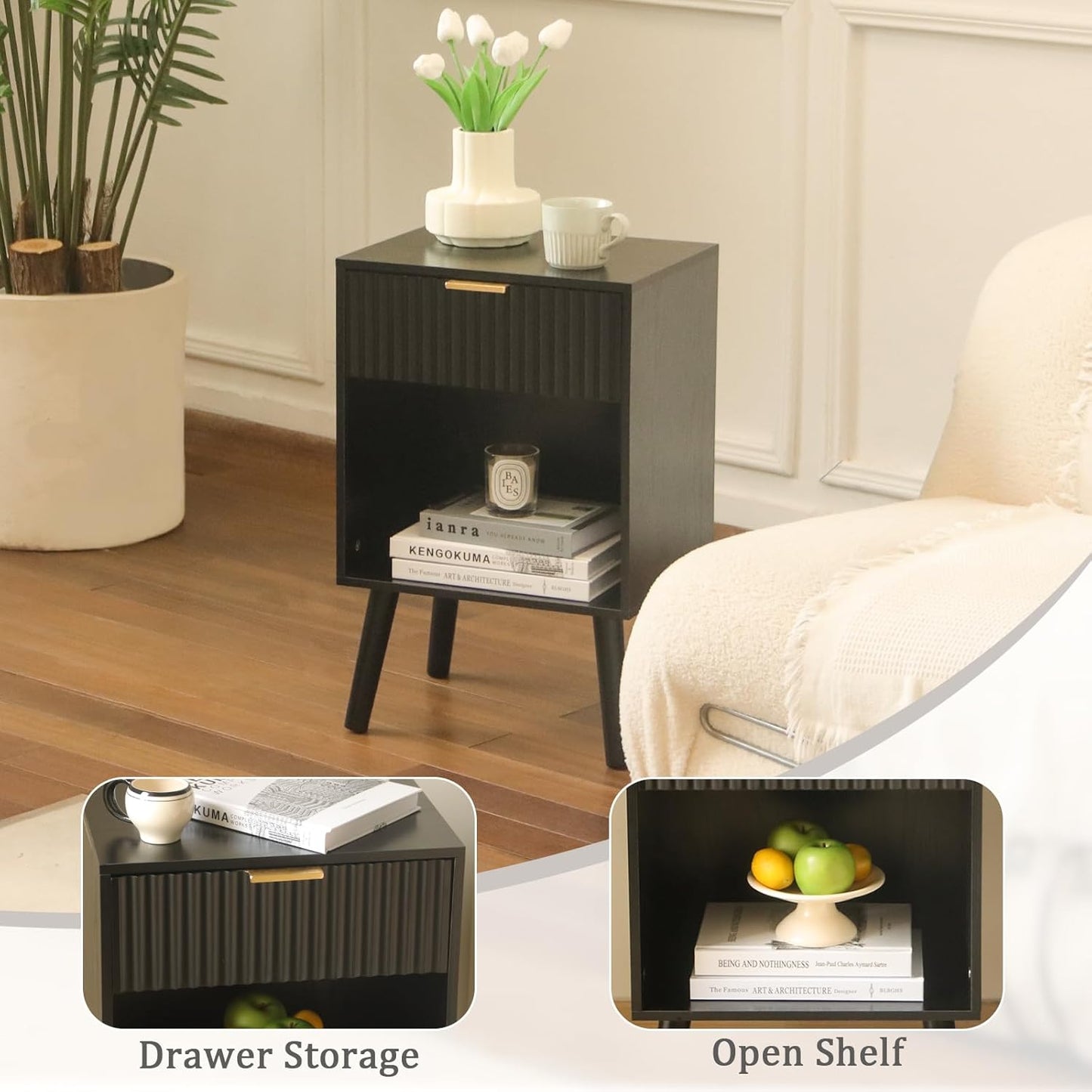 Black Fluted Nightstand, Modern Bedside Table with Drawer and Opening Storage, End Side Table Living Room with Solid Wood Legs for Bedroom (Black)