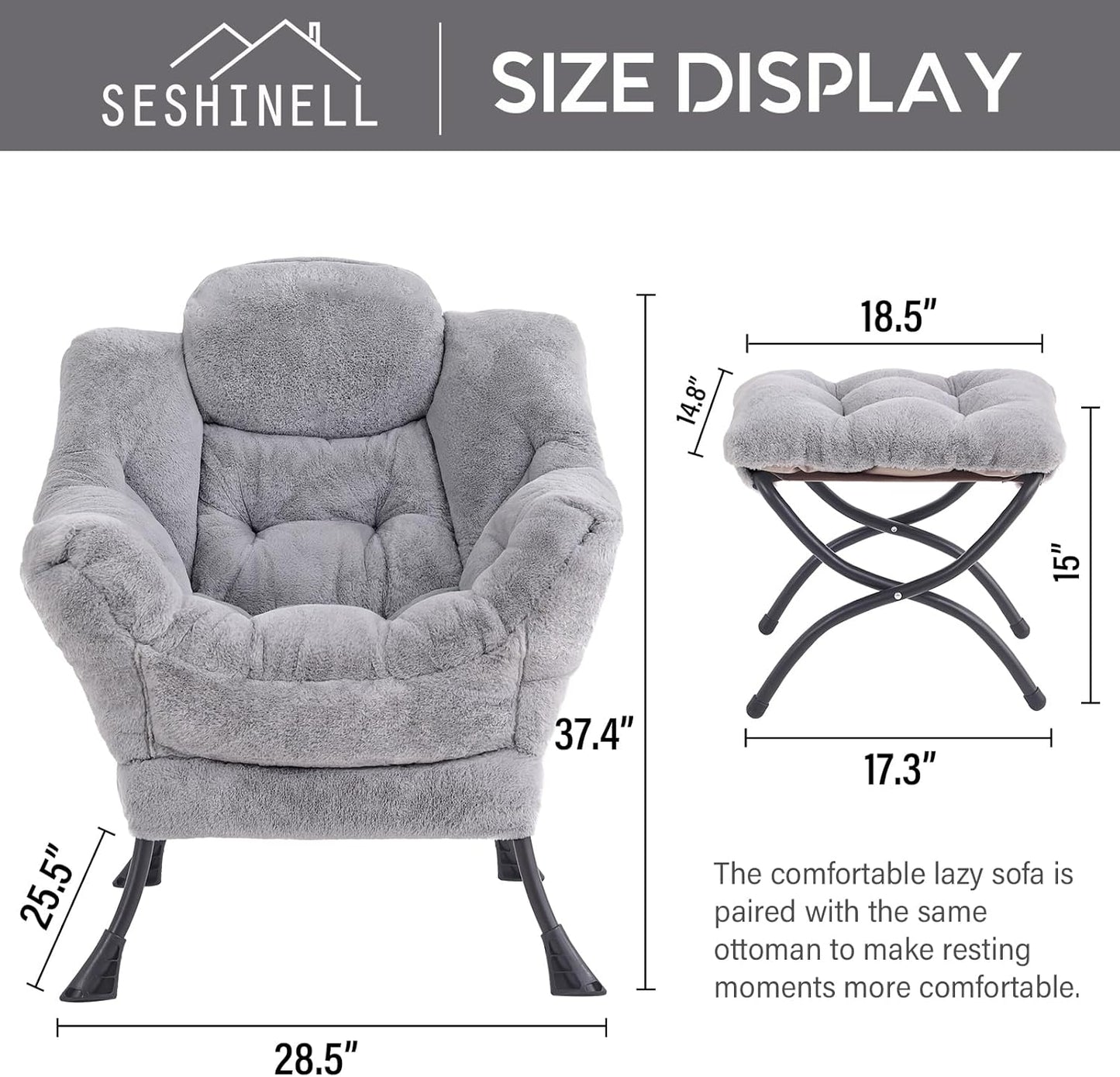 Lazy Chair with Ottoman, Modern Accent Lounge Leisure Sofa with Armrests, Reading Chair and Folding Footstool for Living Room, Bedroom, Office, Plush Grey