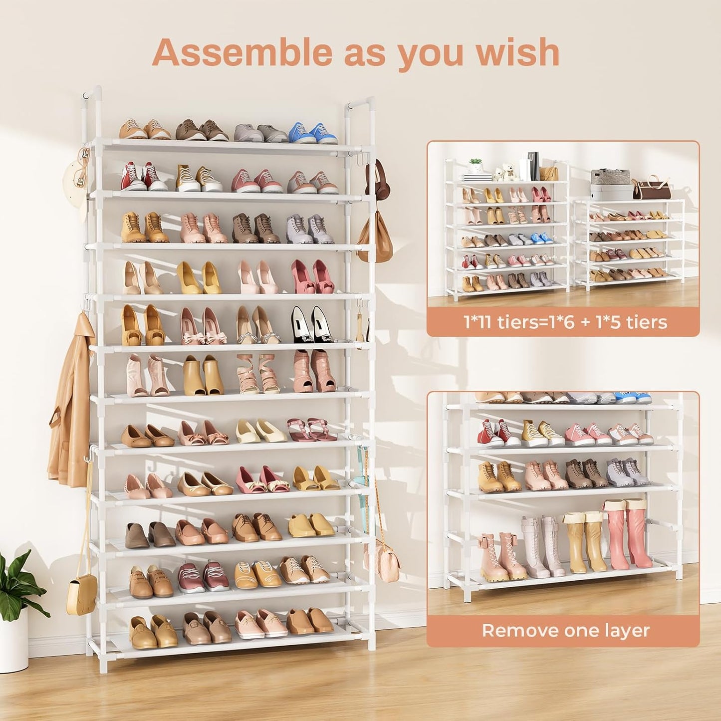 11 Tiers Tall Shoe Rack Holds 55 Pairs of Shoes with 18pcs Hooks Sturdy Wide Shoe Organizer Storage Free Standing Metal Shoe Shelf for Closet, Entryway White