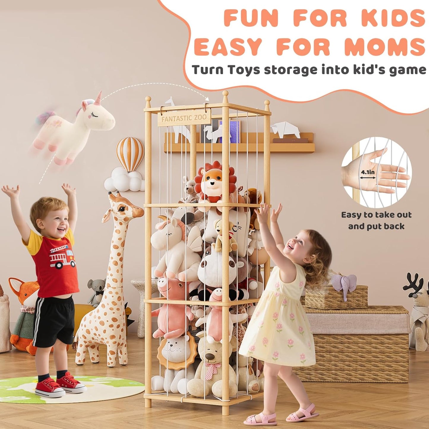 TOPMELON Stuffed Animal Zoo Storage, 16.8″ x 16.8″ x 53.6″ Large Capacity Plush Toy Organizer, Cute Zoo Toy Holder for Kids, Wooden Toys Organizer Tower for Playrooms & Children's Room