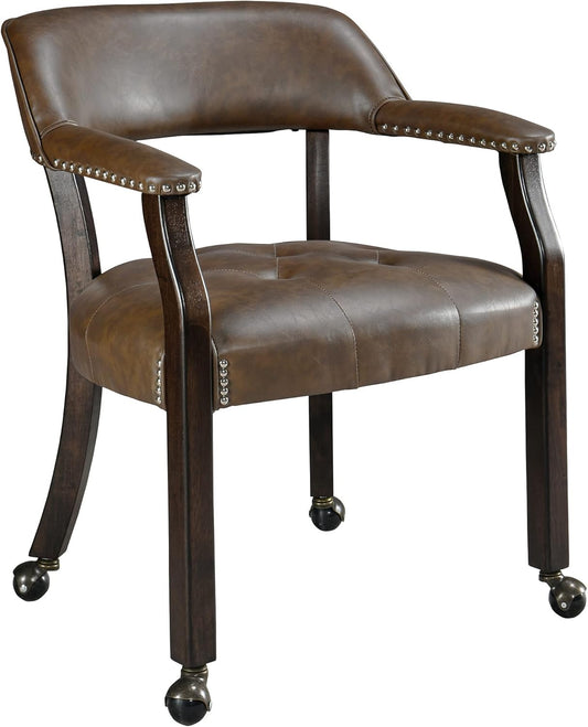 LEEMTORIG Large Dining Chairs with Casters and Arms, Rolling Dining Chairs with Wheels, Game Poker Table Chairs, Boss Caption's Chairs, 26"D x 25.2"W x 31.5"H, Espresso Legs & Choalate PU, XXY-1910-BN
