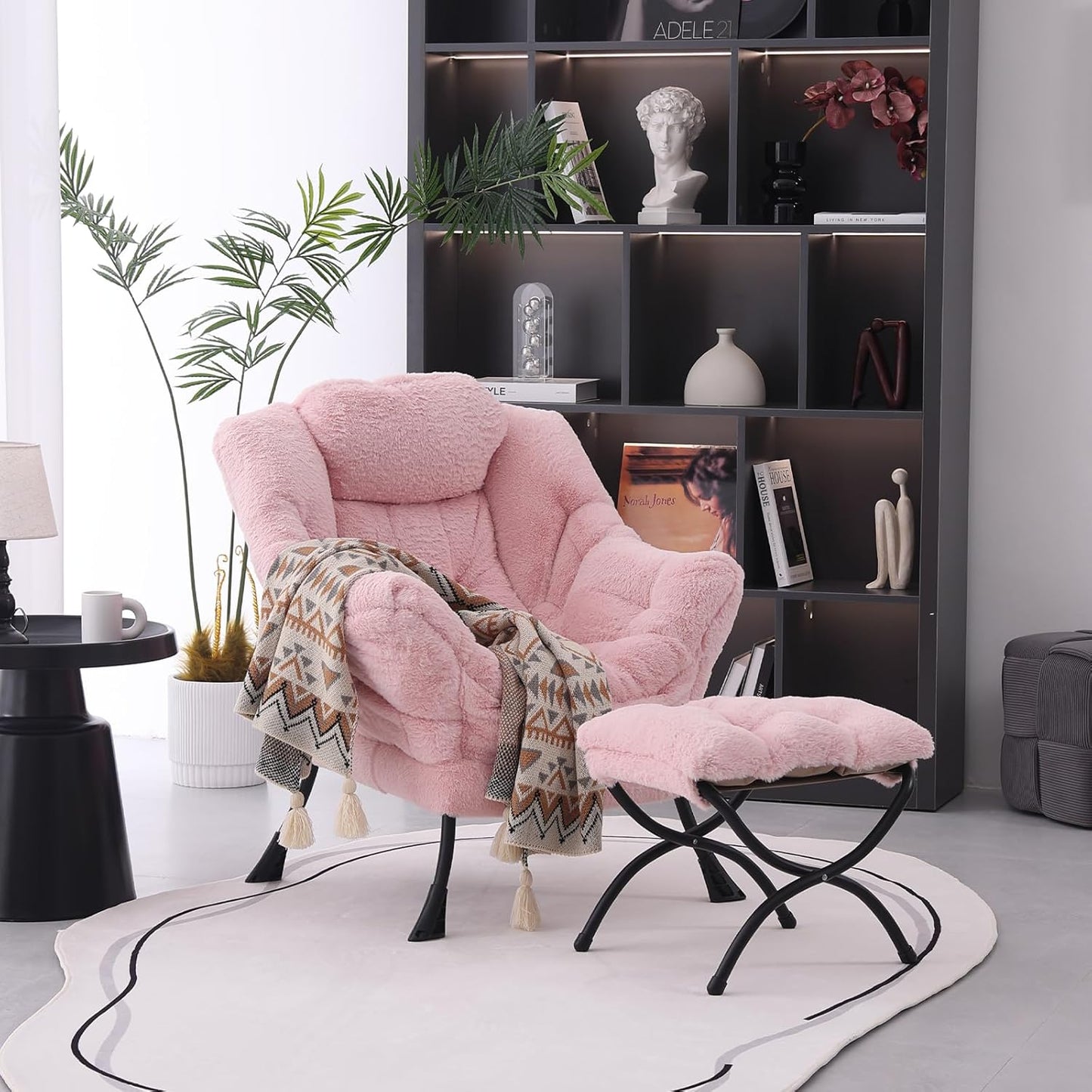 Lazy Chair with Folding Ottoman, Modern Accent Lounge Armchair with Armrests and a Side Pocket & Foldable Footstool, Leisure Reading Chair for Living Room, Bedroom, Dorm & Office, Plush Pink