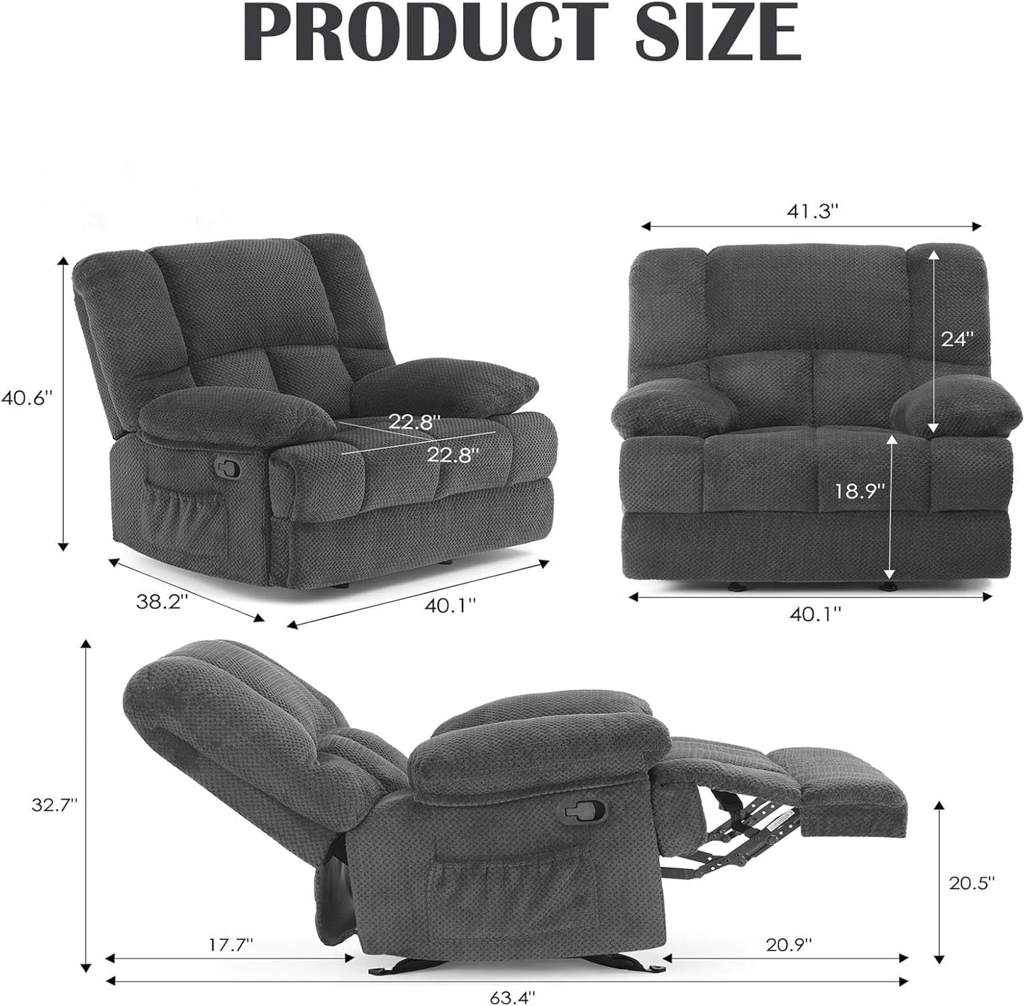 Oversized Rocker Recliner Chair, Wide Rocker Chair with Adjustable Backrest Footrest, Oversized Recliner for Adults, Reclining Sofa for Living Room, Grey