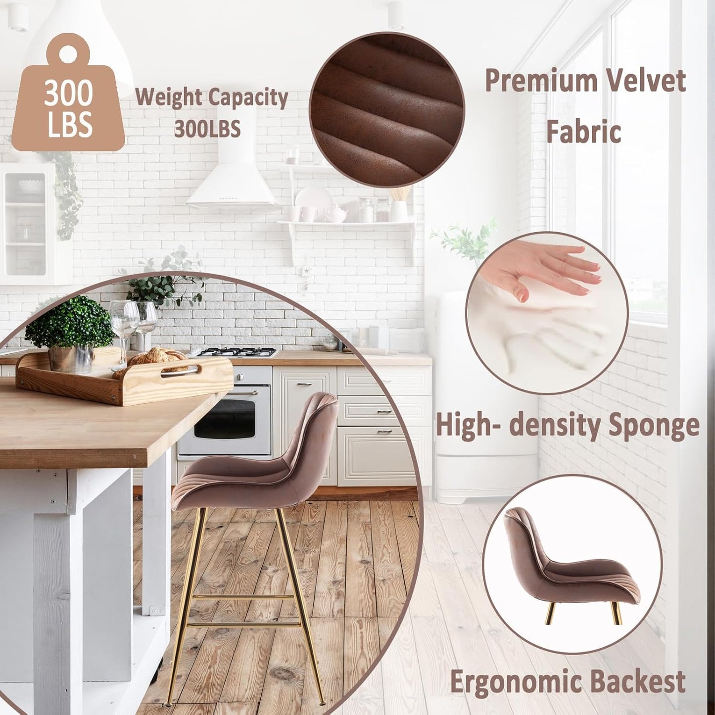 Sidanli Brown Velvet Bar Stools-Set of 2, 24 Inch Bar Stools for Kitchen Counter