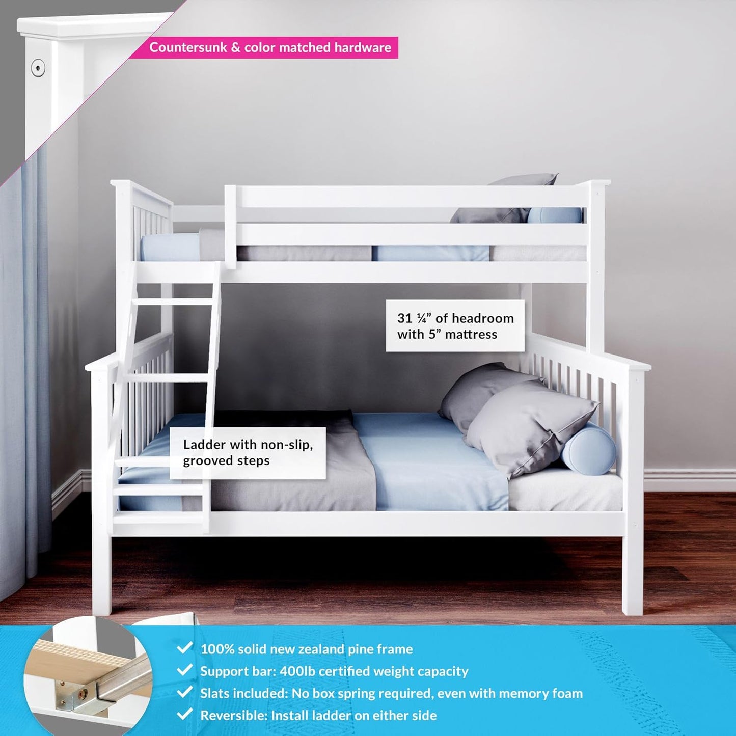 Max & Lily Bunk Bed Twin Over Full Size with Ladder, Solid Wood Platform Bed Frame with Ladder for Kids, 14" Safety Guardrails, Easy Assembly, No Box Spring Needed, White