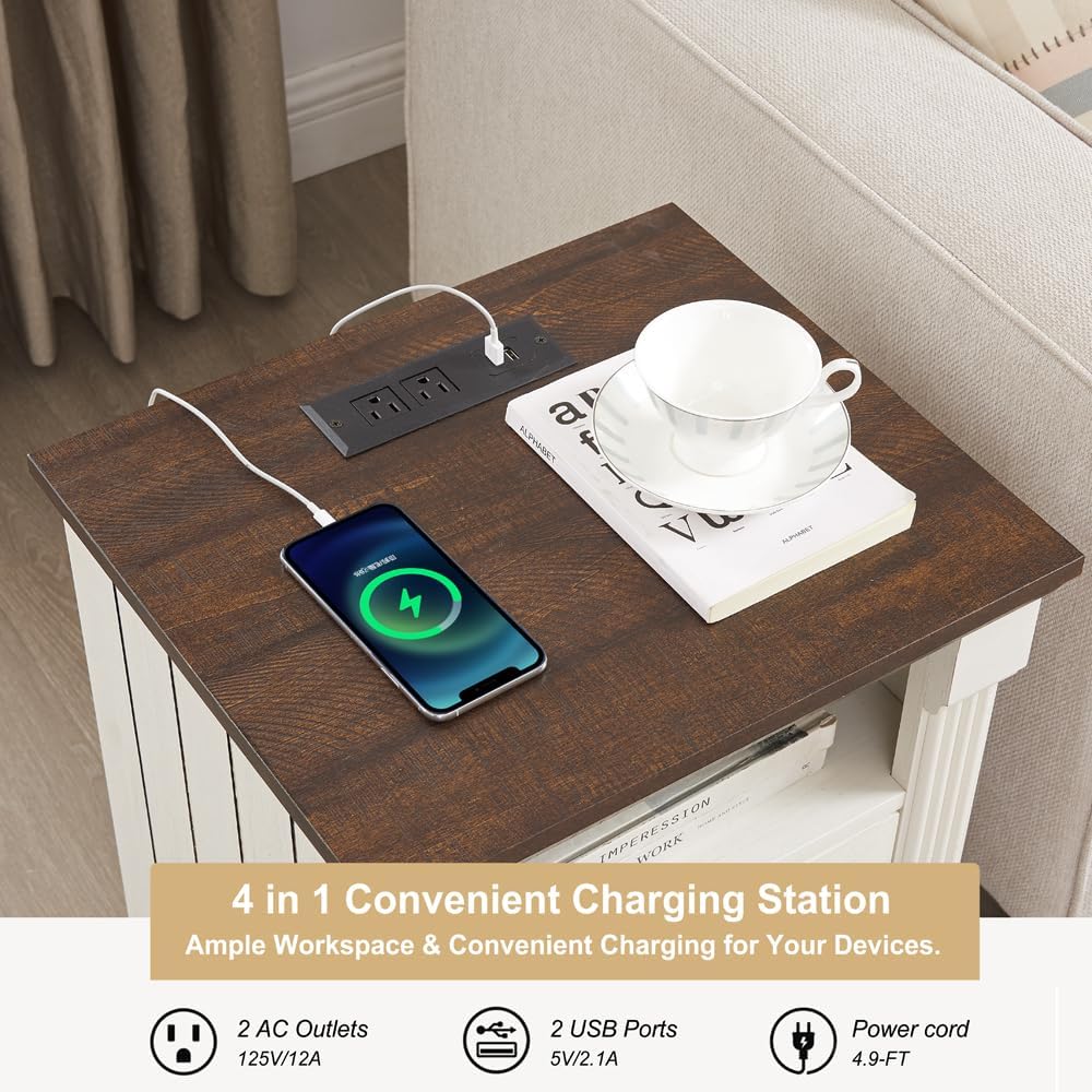 Farmhouse Night Stand with Charging Station, 18" Modern Wood Side Table, 2 Drawers End Table & Roman Column Design for Living Room, Bedside Table with Open Shelf for Bed Room, Antique White