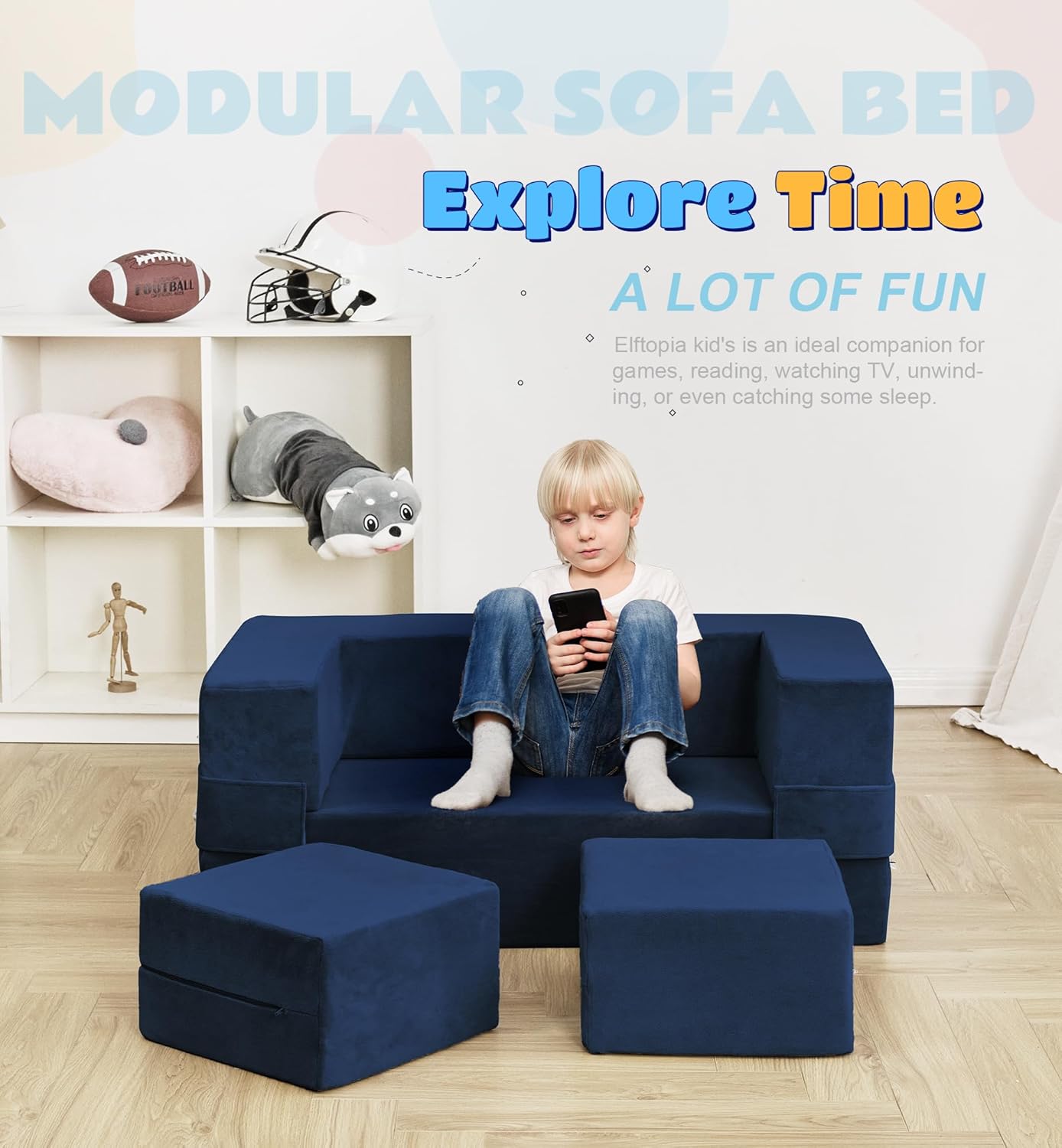 Modular Kids Sofa,Toddler Couch Foam Armchair for Kids, Children Convertible Plush Sofa Play Set,Fold Out SofaBed(Navy)