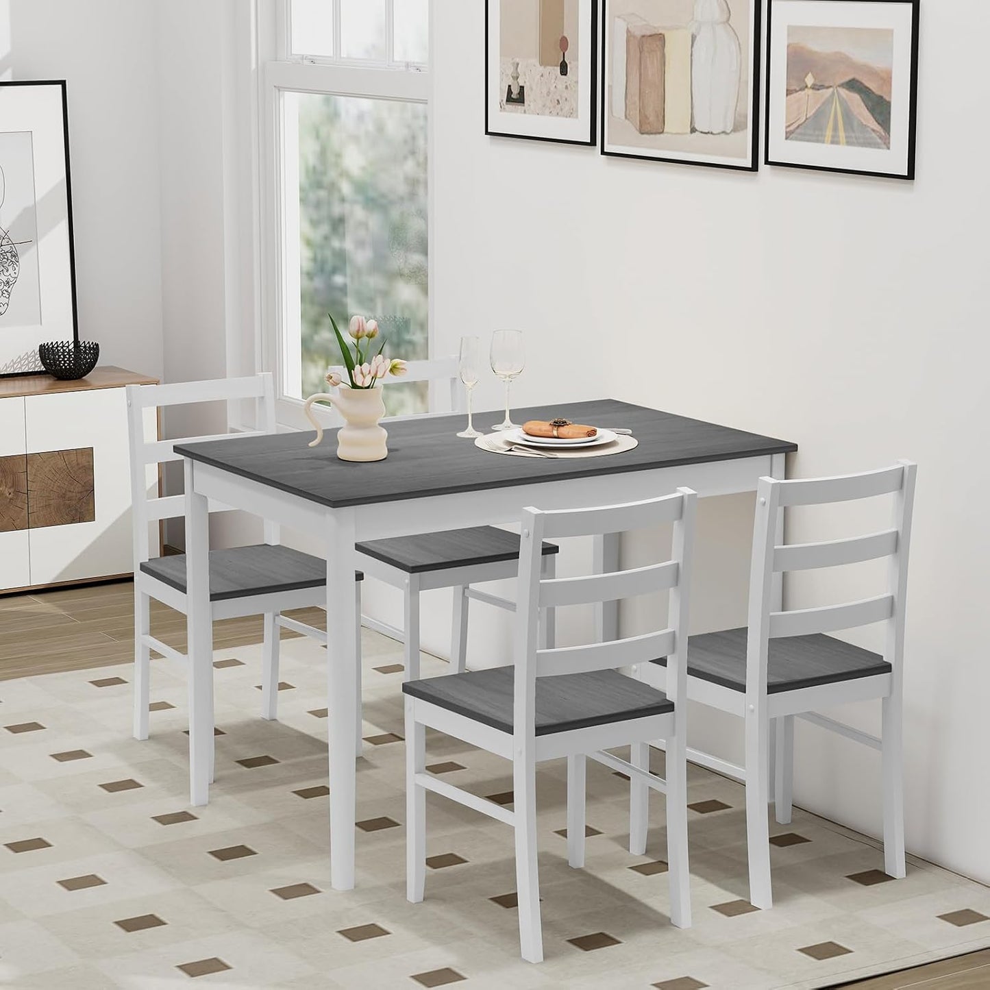 Giantex Dining Table Set with Kitchen Table, Dining Chairs, Compact Space-Saving Dinette Set for Small Space, Breakfast Nook, Dining Room, Kitchen Table Chairs Set for 4 (Grey)