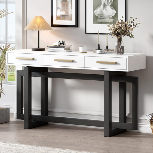 57” Console Sofa Table with 3 Storage Drawers, Modern Long Narrow Behind Couch Furniture for Living Room, Entryway, Foyer, Entrance, Hallway, Front Door, Corridor, Grey and White