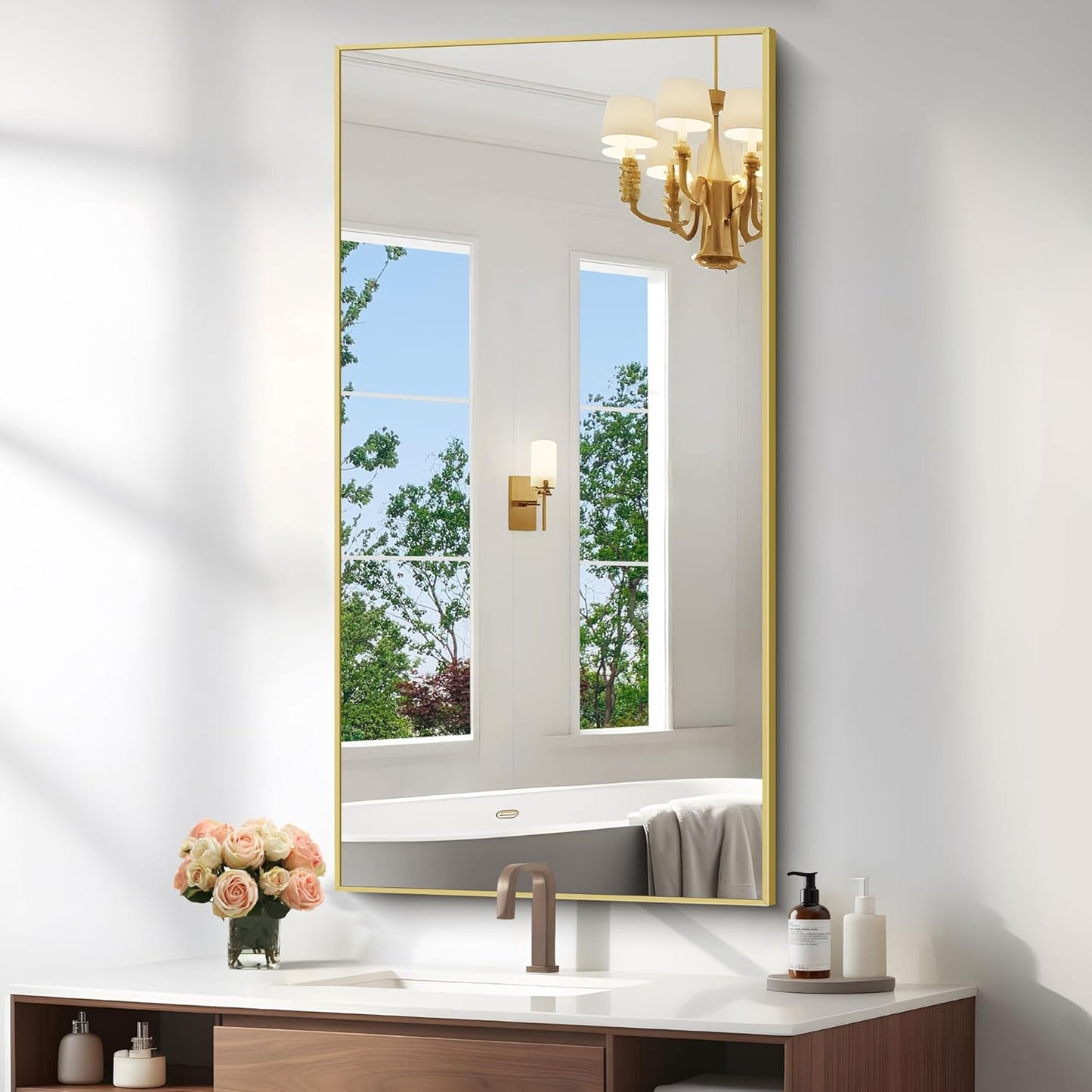 KOCUUY 24x48 Inch Large Gold Wall Mounted Mirror,Aluminum Framed Decorative Rectangular Bathroom Mirror for Wall Over Sink,Vanity Mirror for Bedroom Living Room Bathroom,Functional Oversized Mirror