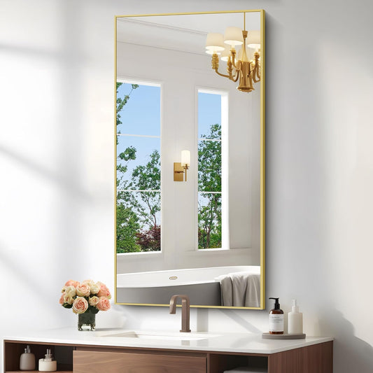 KOCUUY 24x48 Inch Large Gold Wall Mounted Mirror,Aluminum Framed Decorative Rectangular Bathroom Mirror for Wall Over Sink,Vanity Mirror for Bedroom Living Room Bathroom,Functional Oversized Mirror