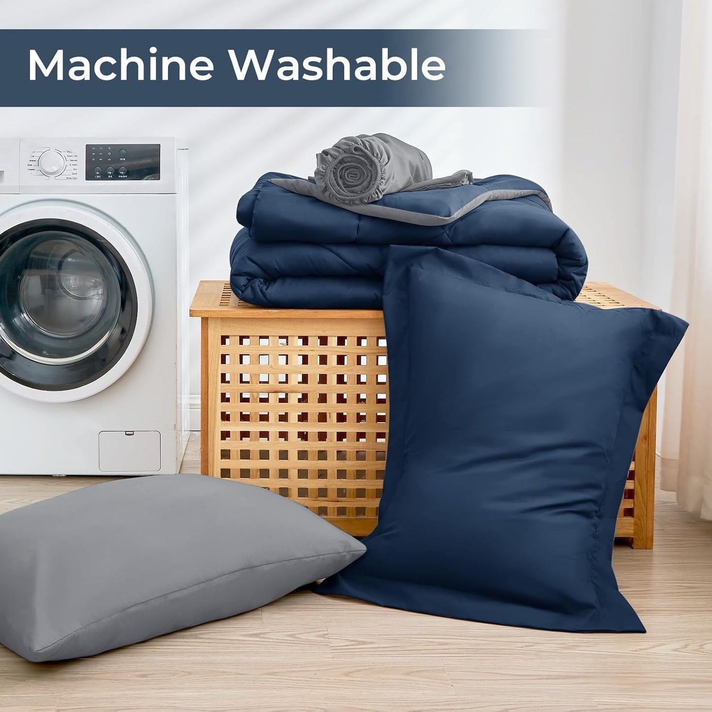 HEVUMYI Twin-XL Comforter Set - 5-Piece All Season Bed in a Bag Twin-XL, Ultra Soft Bedding Set with Comforter, Flat Sheet, Fitted Sheet, Pillowcases, Pillow Shams, Navy Blue & Light Grey