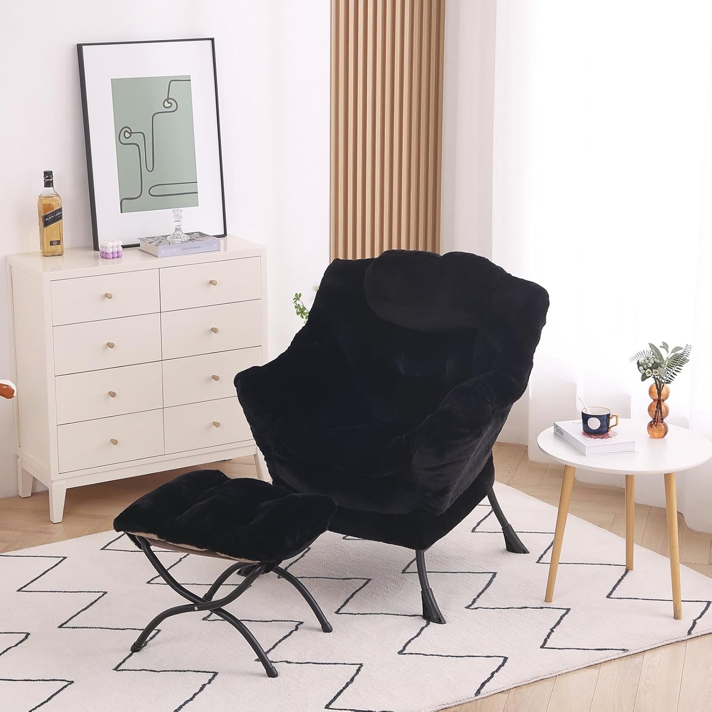 Lazy Chair with Ottoman, Modern Accent Chair Lounge Leisure Sofa Chair with Armrests, Reading Chair and Folding Footstool for Living Room, Bedroom, Office, Plush Black