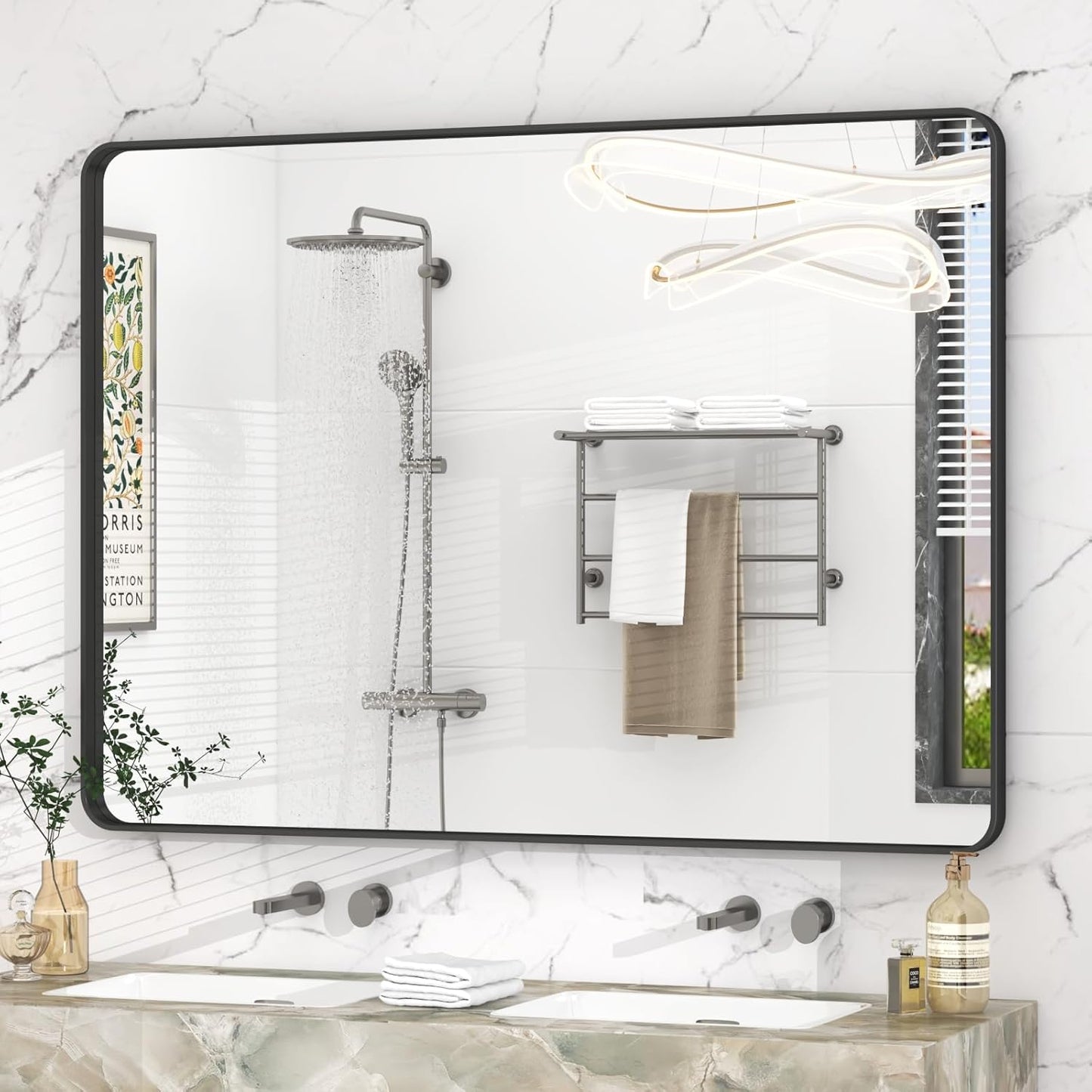 48x36 Inch Black Framed Bathroom Mirror for Wall, Matte Black Metal Wall Mirror, Black Rectangle Vanity Mirror, Tempered Glass, Anti-Rust, Hangs Vertically or Horizontally