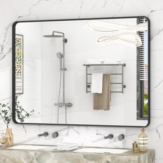 48x36 Inch Black Framed Bathroom Mirror for Wall, Matte Black Metal Wall Mirror, Black Rectangle Vanity Mirror, Tempered Glass, Anti-Rust, Hangs Vertically or Horizontally