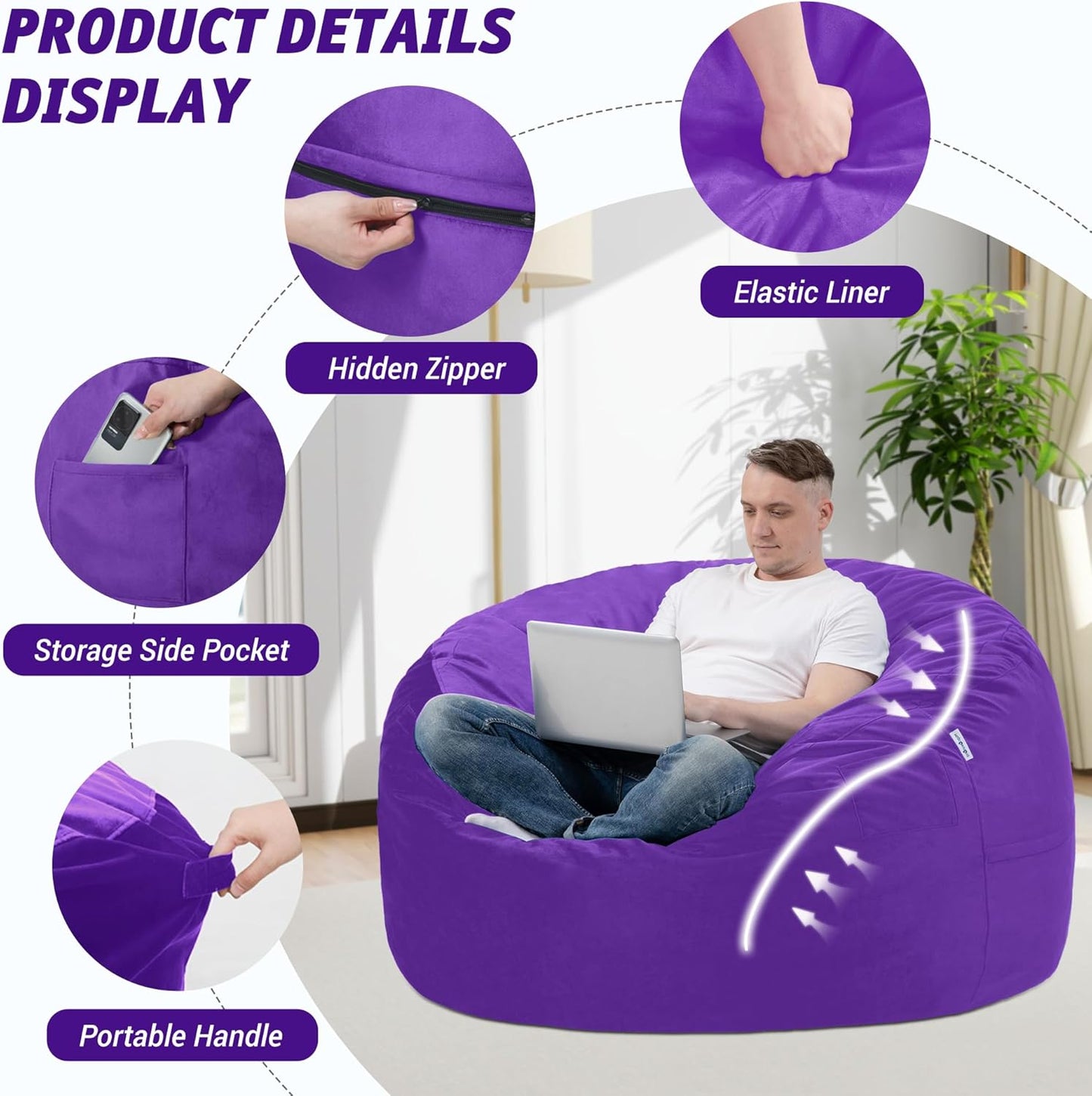 3FT Bean Bag Chair with Ultra Soft Velvet Cover Bean Bag Sofa with Memory Foam Bean Bag Chairs with Large Size Lazy Sofa for Dorm Office Living Room Bedroom Purple 3'