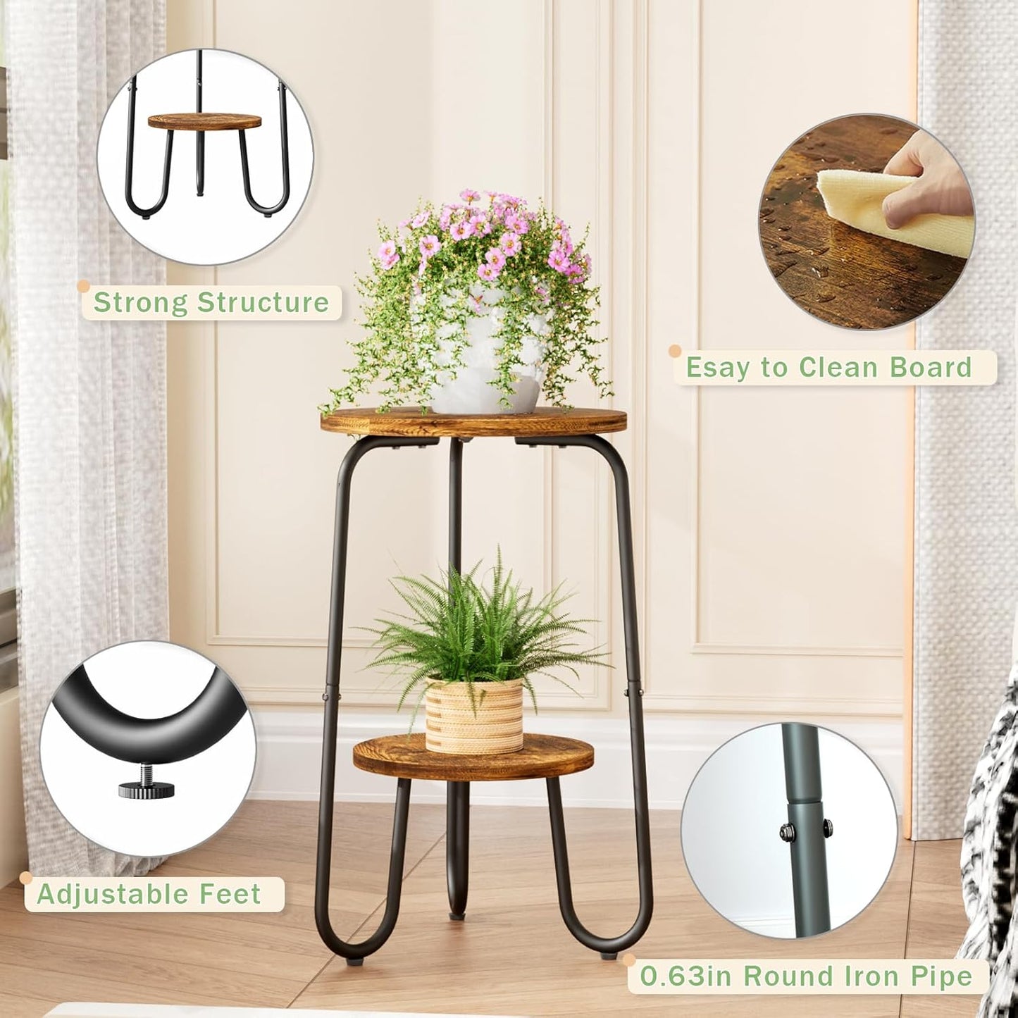 2 Tier Wood Plant Stand Indoor, Small Round Flower Pot Stand, 19.6" Tall Single Plant Holder for Living Room, Balcony, Rustic Brown End Side Table（Rustic Brown）