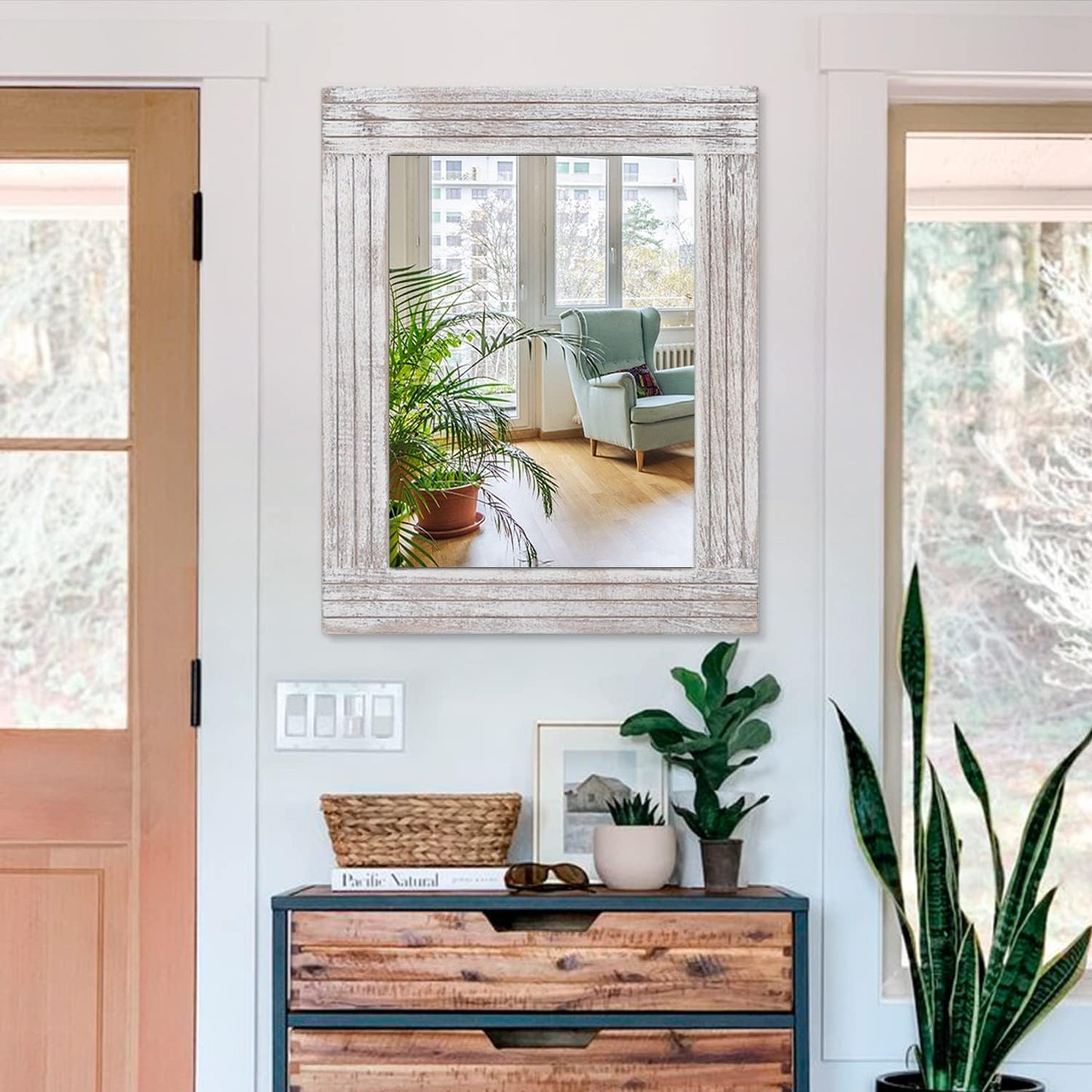 Wall Mirror Rustic Wooden Frame Rectangle Mirror Vintage Hanging Mirror for Bedroom Bathroom Living Room Farmhouse Wall Decor Large 26" x 18"