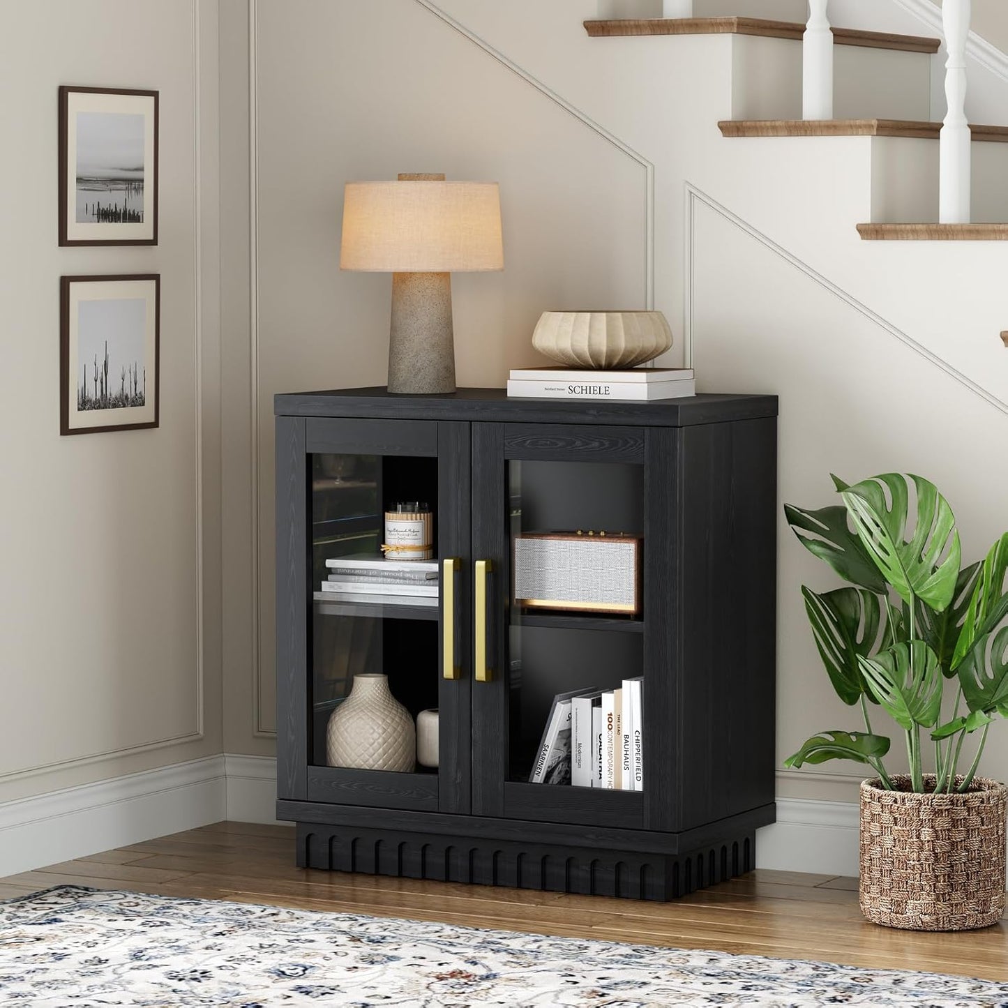 Buffet Cabinet with Storage, Sideboard Cabinet with Glass Doors, Accent Storage Cupboard Console Table for Kitchen, Hallway, Living Room, Dining Room, Smoked Black Oak