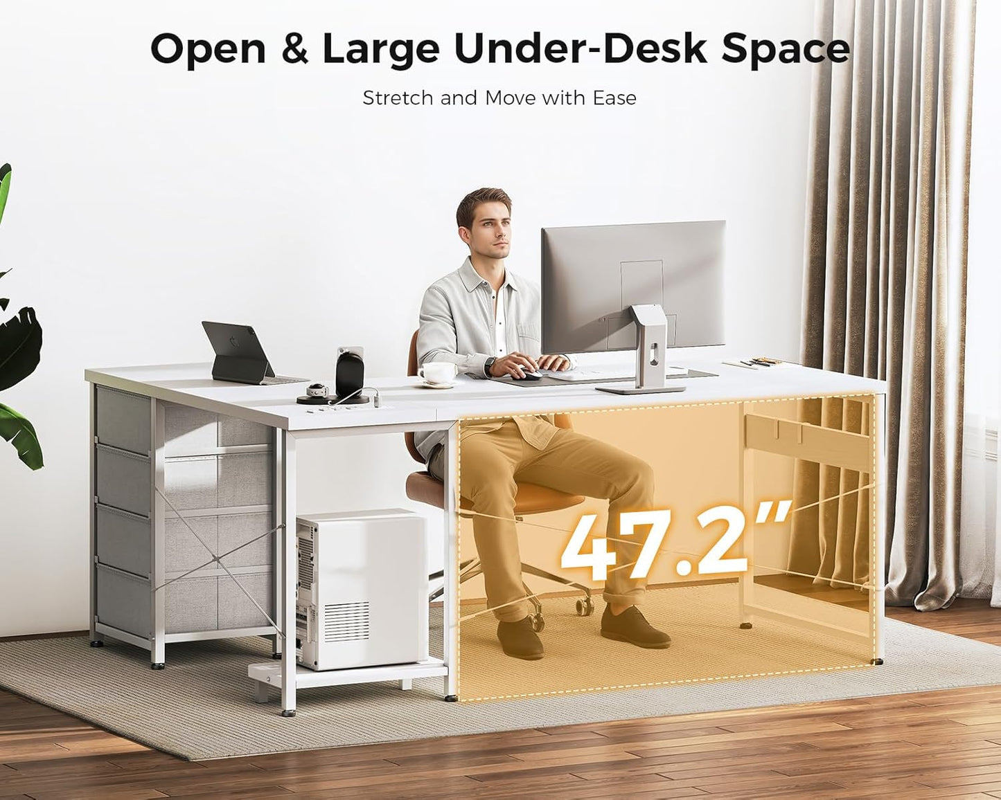 AODK L Shaped Desk with 4 Tier Drawers, 61" Reversible Gaming Desk with Power Outlets, L Shaped Computer Desk with USB Charging Port and Host Stand, Home Office Corner Desk, Easy to Assemble, White