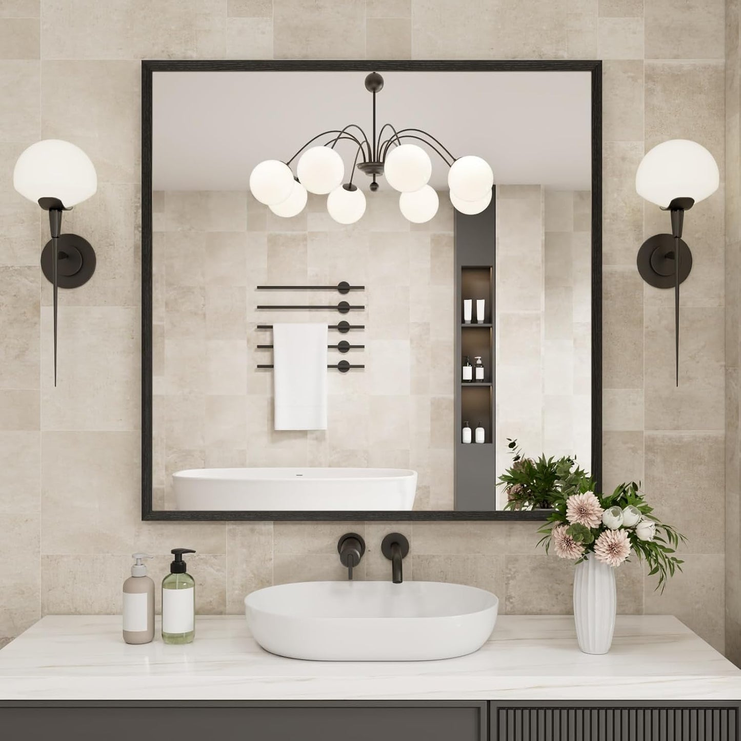 Bathroom Vanity Mirror 36x36 Inch, Matte Black Rectangle Bathroom Mirror, Anti-Rust, 4MM Tempered Glass, Wall-Mounted Mirror, Hangs Horizontally or Vertically for Bathroom & Bedroom