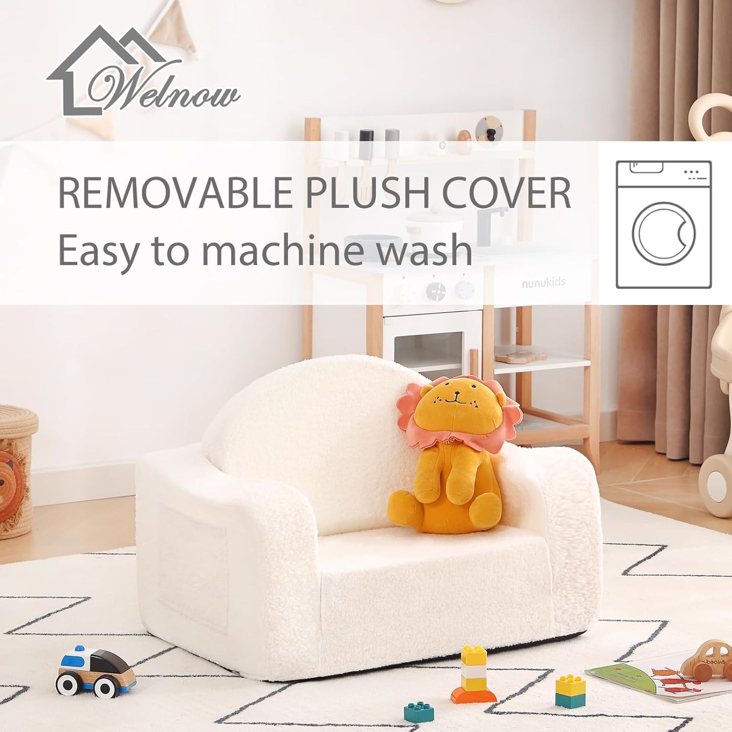 Welnow Kids Sofa, 2-in-1 Soft Sherpa Toddler Chair, Convertible Toddler Couch Lounger, Flip Out Kids Couch Chair with Side Pockets & Removable Cover for Girls and Boys, Beige