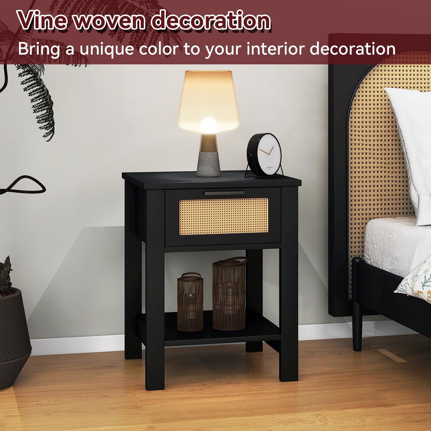 IBUYKE Rattan Nightstand, Boho Night Stand with Drawer, Wood Bedside Tables with Storage Shelf, End Table with Legs for Bedroom, Black UWNS011B