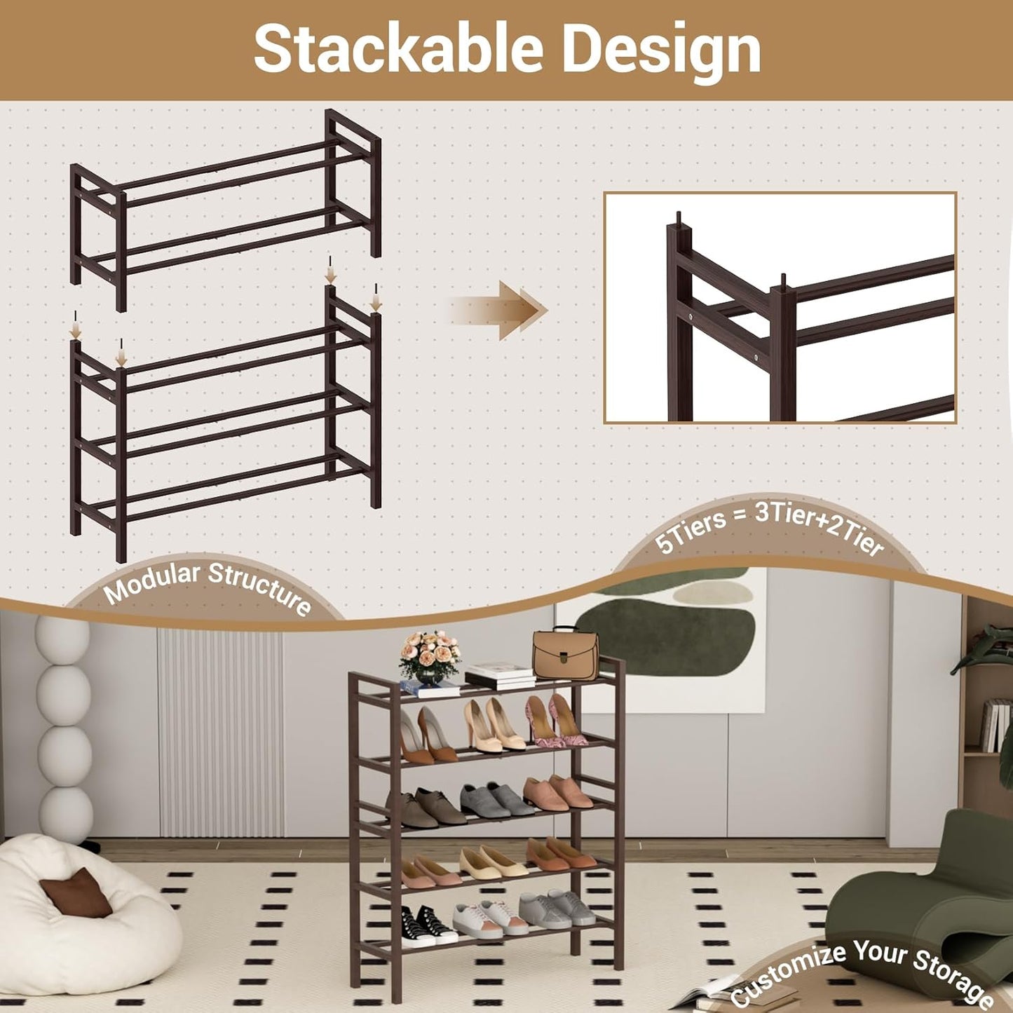 Haddockway Bamboo Shoe Rack for Closet, Free Standing Shoe Organizer with Smooth Round Rods & Convenient Handles, Stackable Shoe Storage Shelf for Entryway, Hallway(Brown, 5-Tier(Small))
