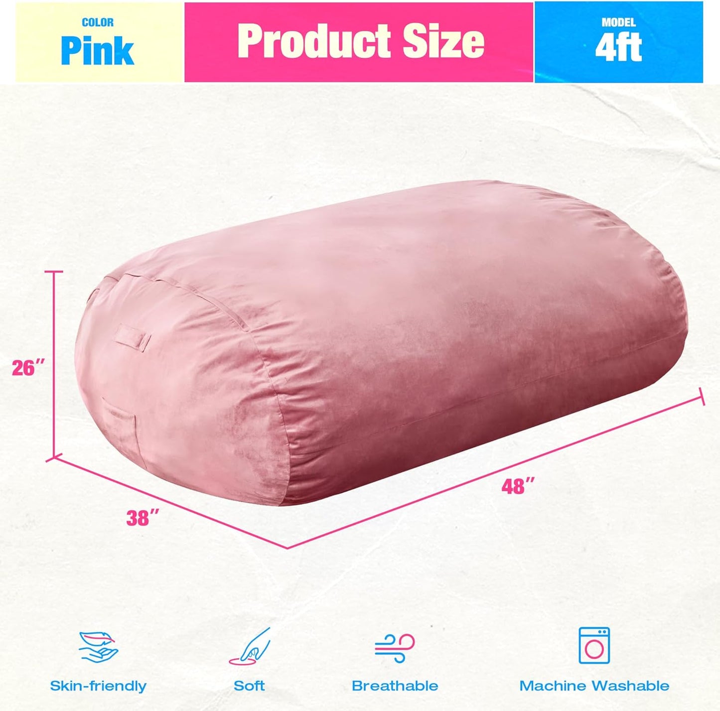 Hobestluk 4FT Bean Bag Chair Large Beanbag with Removable Cover Adult Bean Bag Chair with Portable Handle Desgin for Living Room Bedroom (Pink, 4FT)