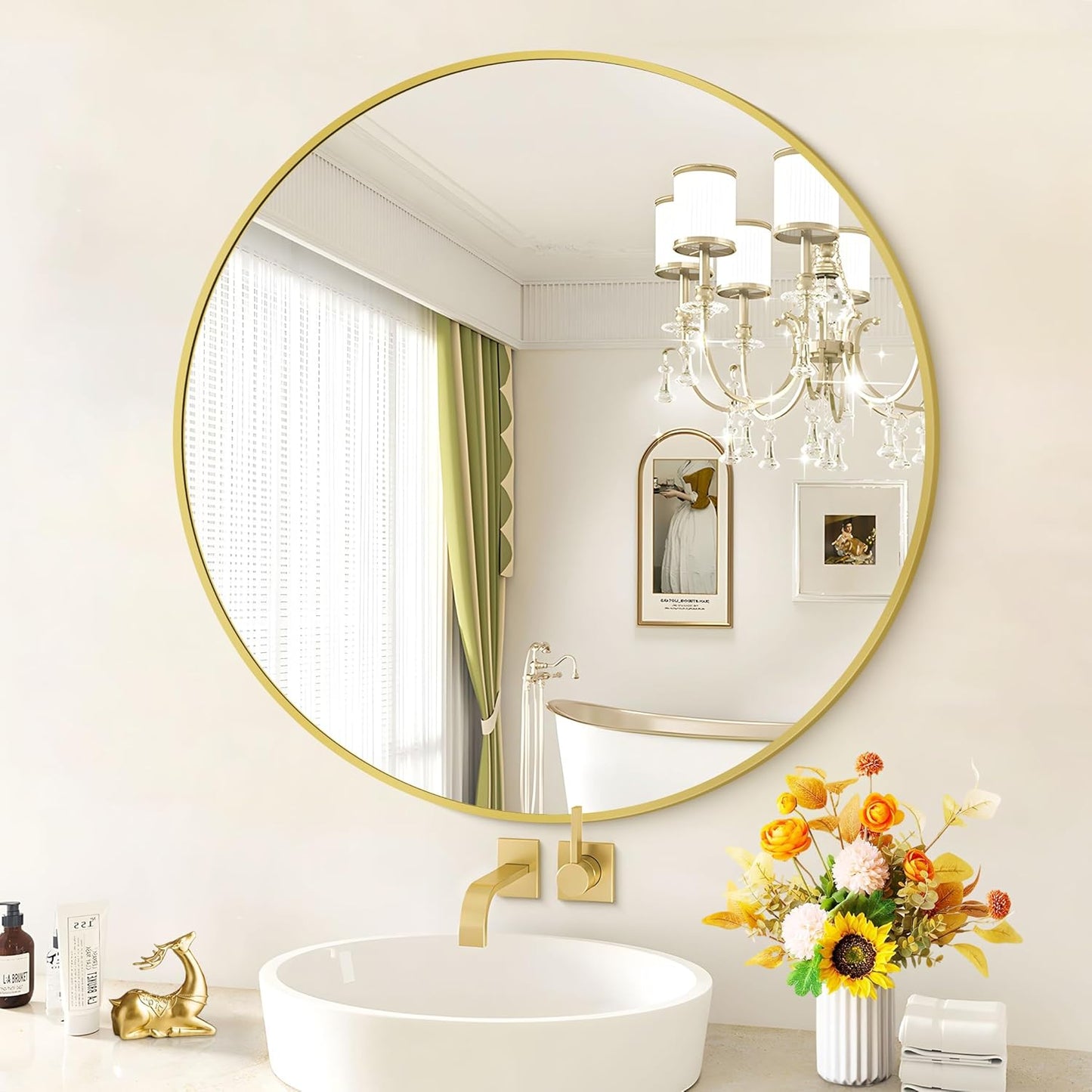 Gold Round Mirror, 39 Inch Wall Mounted Aluminum Alloy Metal Frame Mirror, Perfect for Bathroom, Entryway, Living Room