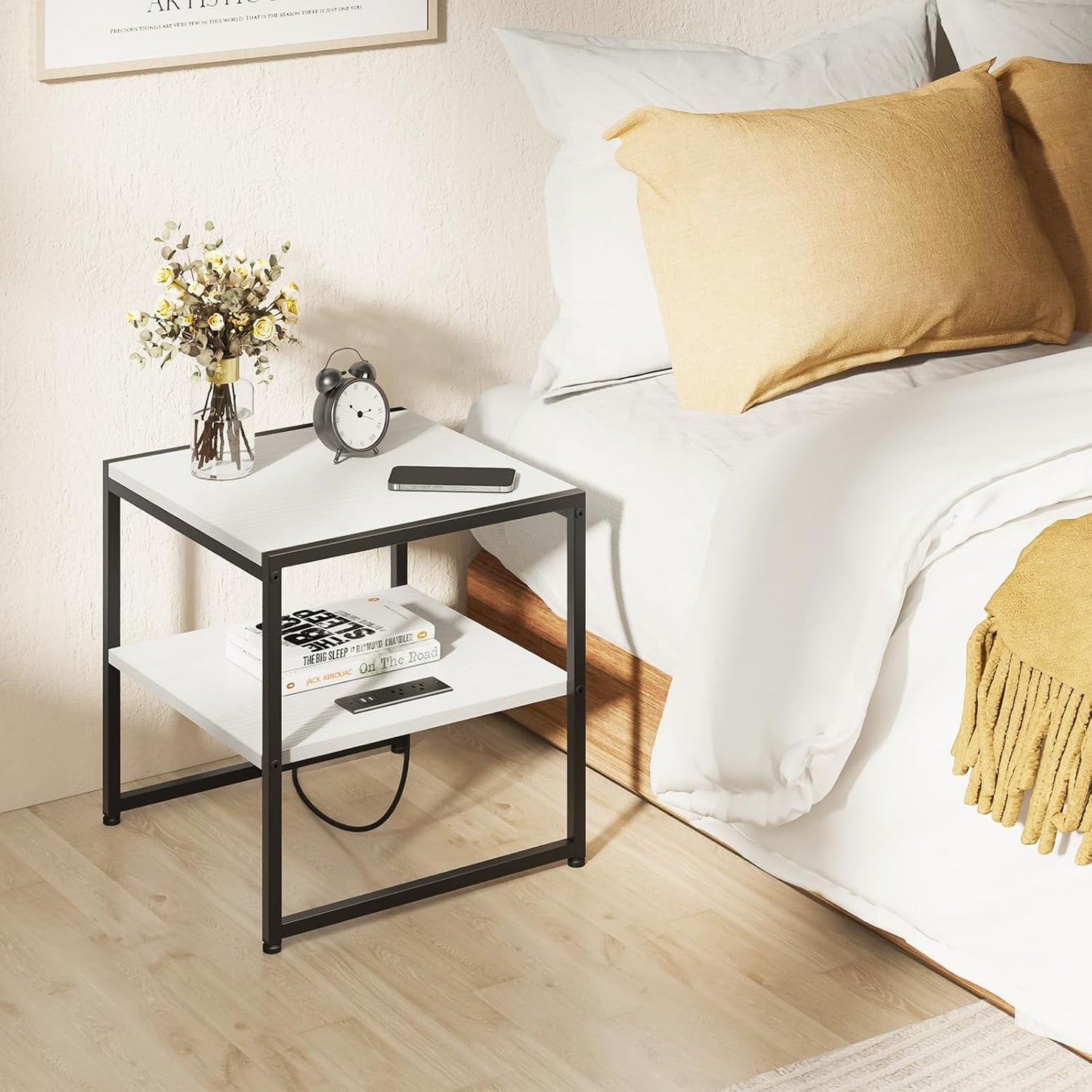 Tatub 20" End Table with Charging Station, Industrial Square Side Table with USB Ports & Outlets, Versatile 2-Tier Small Nightstand for Bedroom Living Room, White