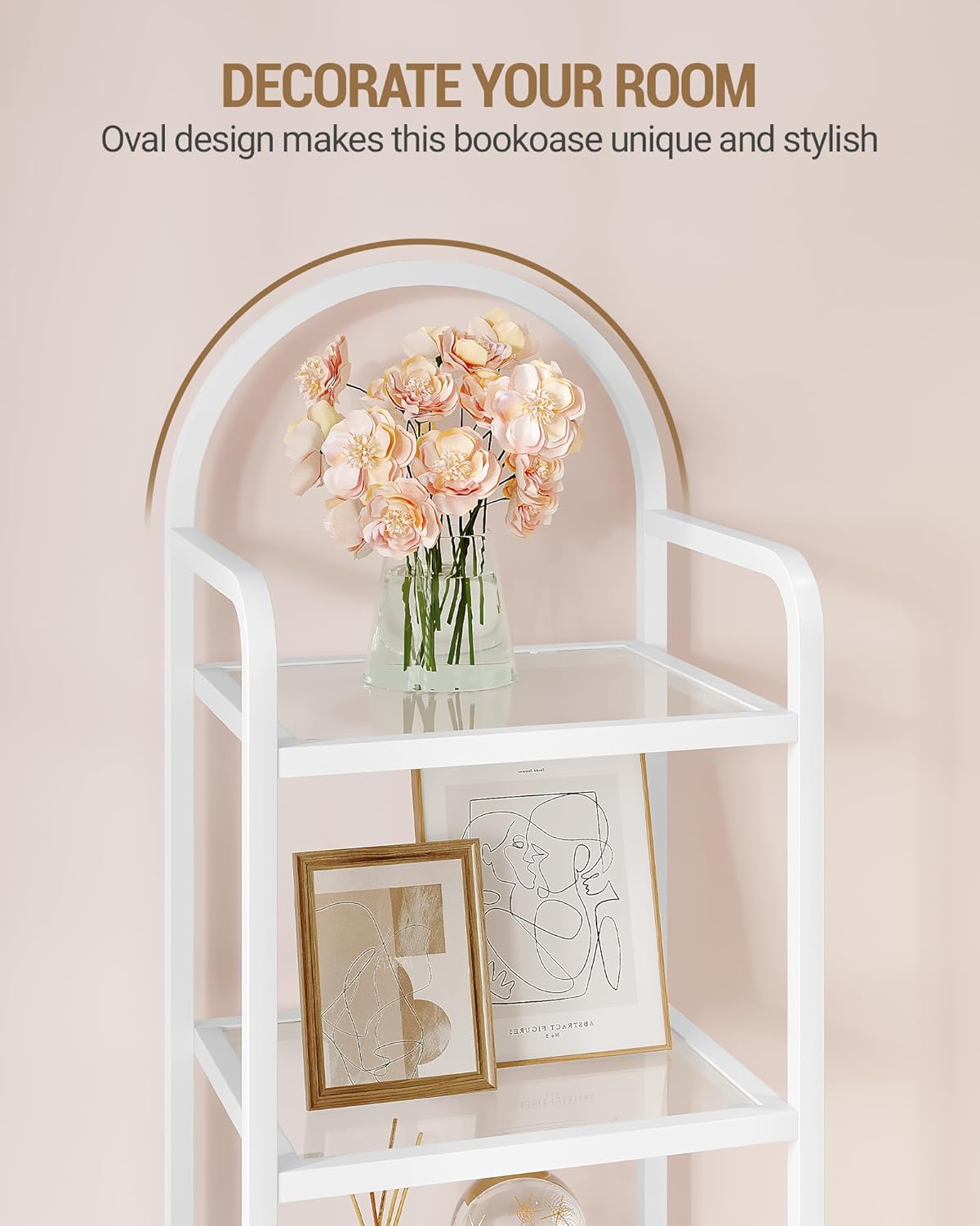 Bookcase Bookshelf, Tempered Glass Bookshelves, Slim Shelving Unit for Bedroom, Bathroom, Home Office, Steel Frame, 5 Tier White BC05099W