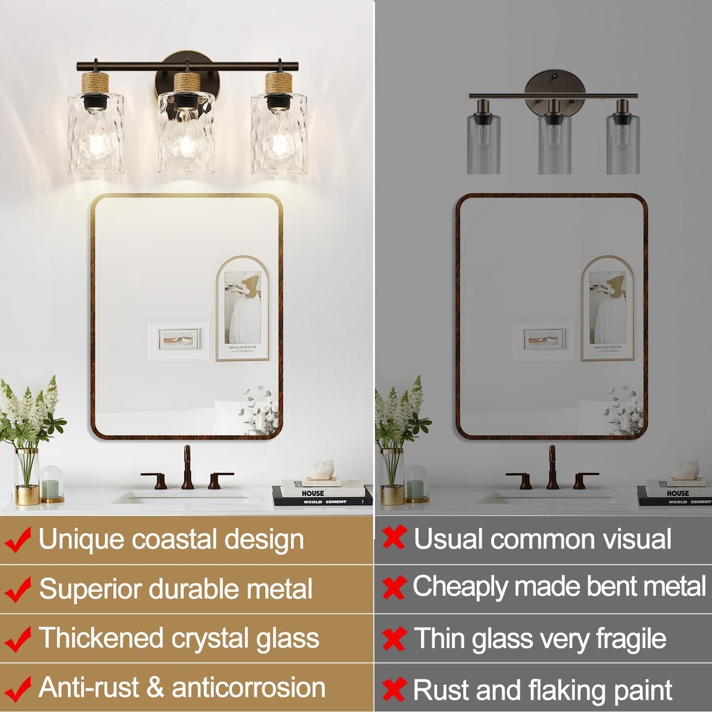 2025 Upgrade Bathroom Light Fixtures, 3-Light Coastal Vanity Lights with Crystal Glass Shade, Oil-Rubbed Bronze Bathroom Wall Lamp for Mirror Kitchen Hallway Cabinet