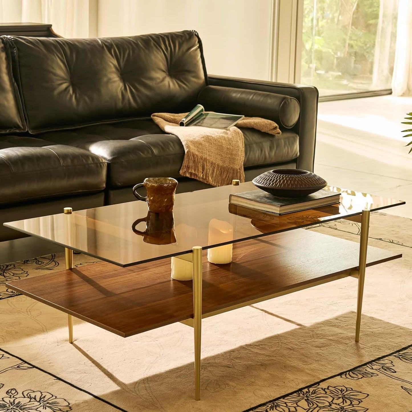 AGV LIGHTING Tadio Large Glass Coffee Table, Mid-Century Modern Coffee Table for Living Room, Gold Finish Leg, Coffee Brown Glass Top & Walnut Brown Shelf, 47 in