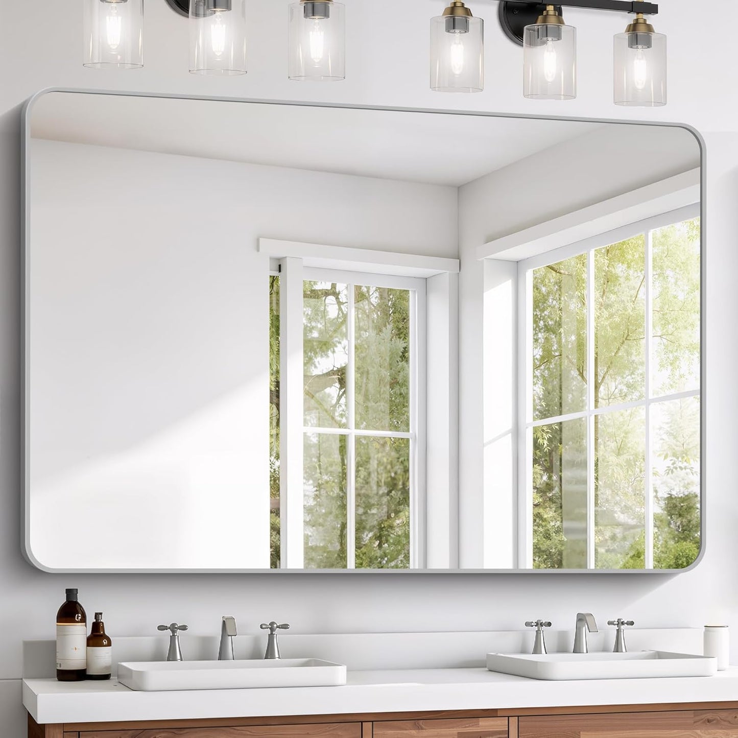 FORBATH 60x40 Inch Silver Bathroom Mirror for Over Sink, Large Rectangular Wall Mirror with Metal Frame, Rounded Corners for Bathroom, Bedroom, Entryway Decor (Horizontal or Vertical)