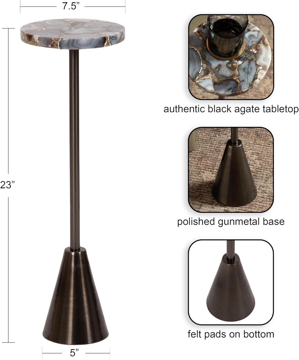 Kate and Laurel Sitara Modern Coastal Round Drink Table, 8 x 8 x 23, Blue Agate and Silver, Unique Circle Stone Mini Table for Use as Bathroom Accent Table or Pedestal Martini Tabl