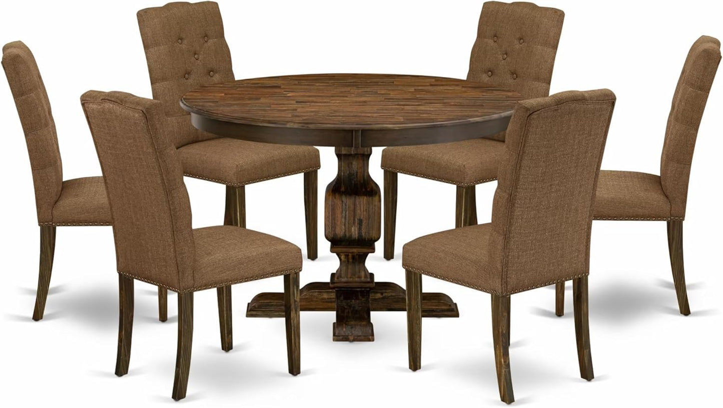East West Furniture F3EL7-718 7 Piece Kitchen Table Set Consist of a Round Dining Table with Pedestal and 6 Brown Linen Linen Fabric Parsons Dining Chairs, 48x48 Inch, Distressed Jacobean