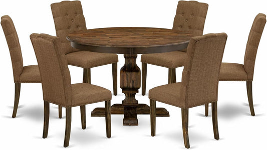 East West Furniture F3EL7-718 7 Piece Kitchen Table Set Consist of a Round Dining Table with Pedestal and 6 Brown Linen Linen Fabric Parsons Dining Chairs, 48x48 Inch, Distressed Jacobean