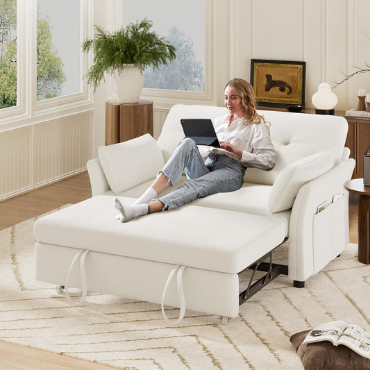 Vipbear 3-in-1 Chenille Convertible Sofa Bed, Pull Out Sleeper Sofa with Reclining Backrest & Side Pocket, Tool-Free Assembly, Folding Loveseat for Living Room, Apartment, White