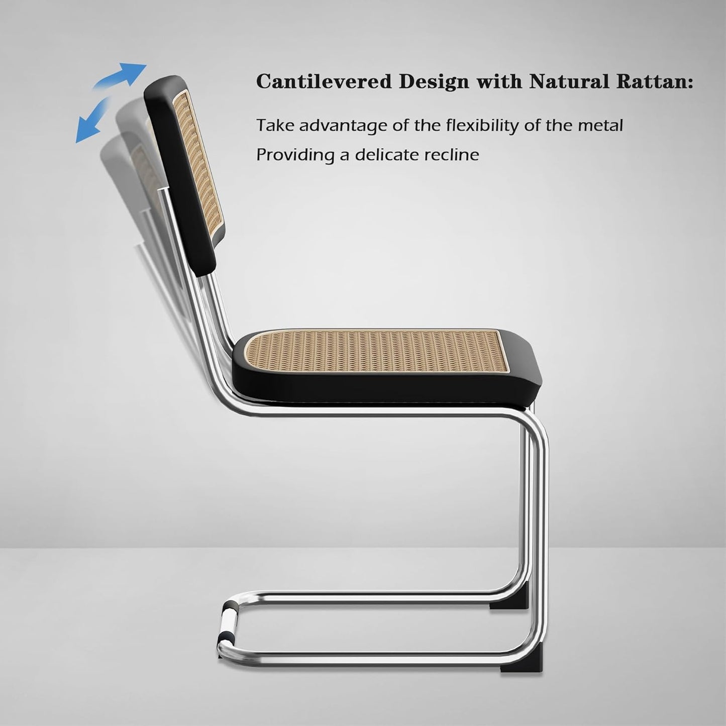 Rattan Dining Chairs Set of 2 Mid Century Modern Dining Room Chairs with Natural Rattan Woven Backrest and Seat Upholstered Kitchen Armless Side Chairs with Metal Legs, Black