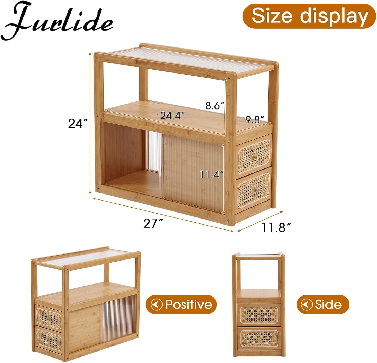 Rattan Nightstand Side Table with Storage, Bamboo Nightstand Bedside Table, Glass Mid Century Modern End Tables for Small Spaces, Living Room, Bedroom，Wood