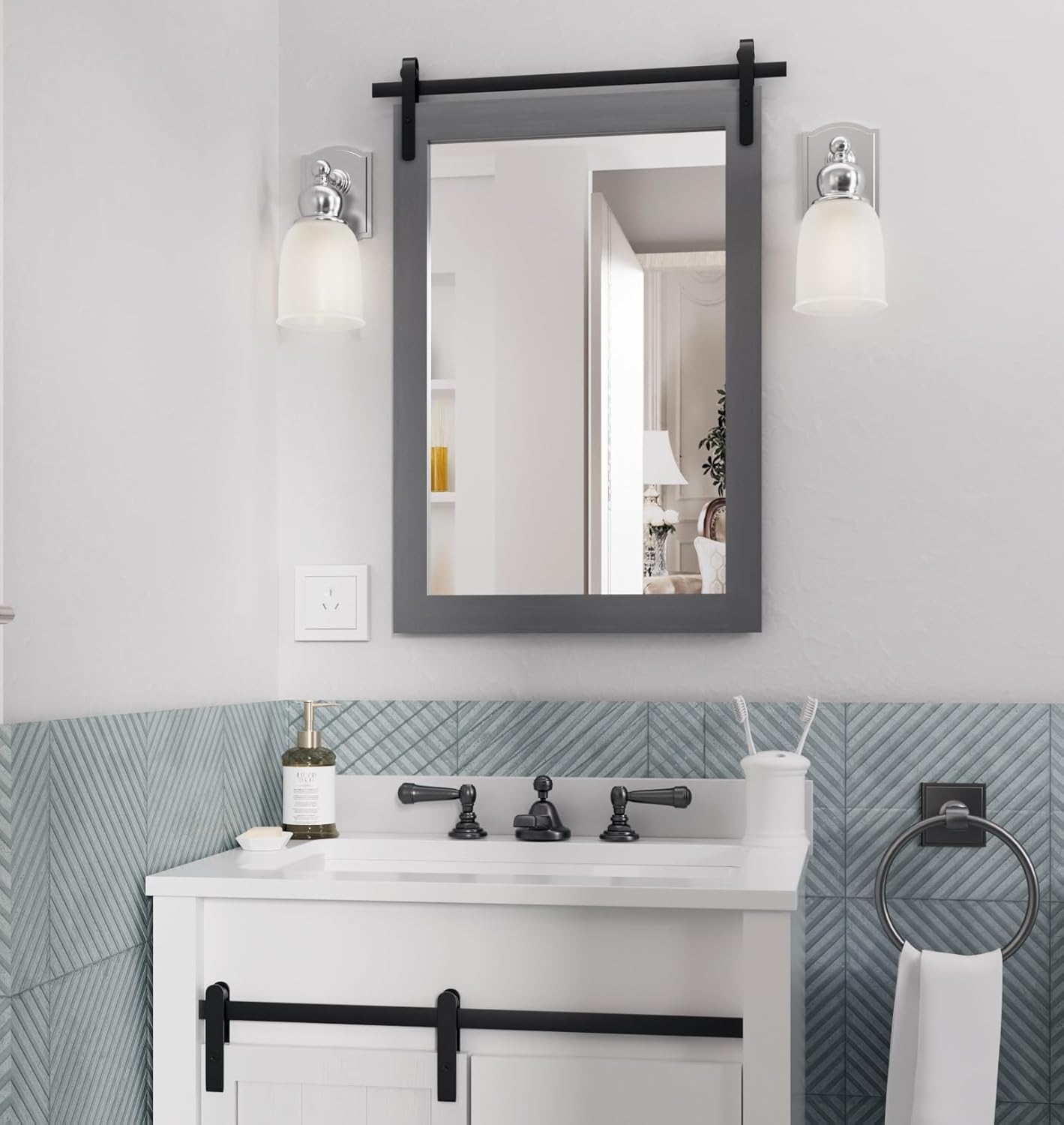 Farmhouse Wall Mirror, Rustic Wood Frame Bathroom Mirror Barn Door Inspired Decorative Vanity Dress Mirrors for Living Room Entryway, 18x26 INCH Gray Vertical